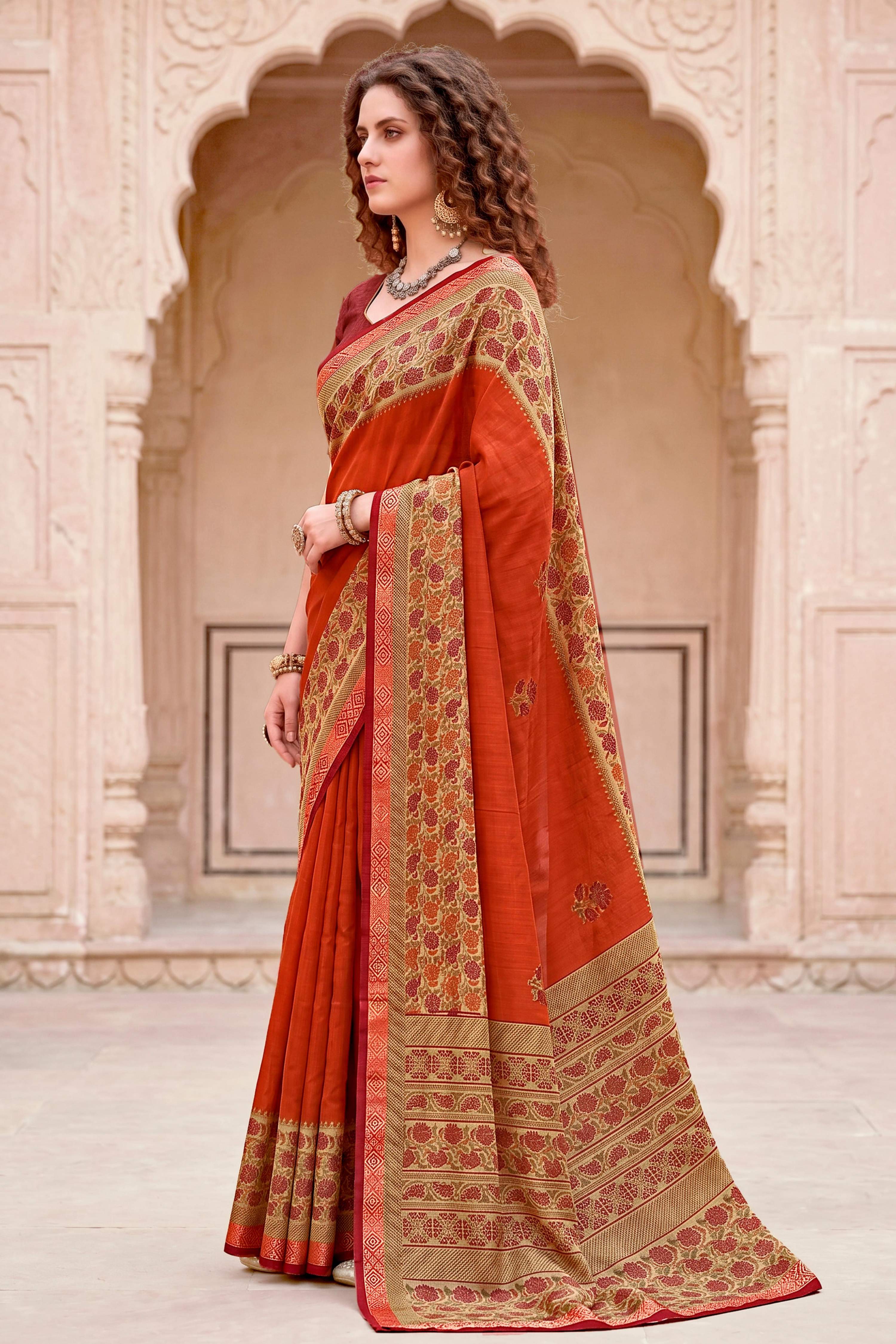 Sangam Prints Rust Orange Cotton Blend Woven Work Traditional Saree | Grocsy