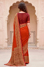 Sangam Prints Rust Orange Cotton Blend Woven Work Traditional Saree | Grocsy