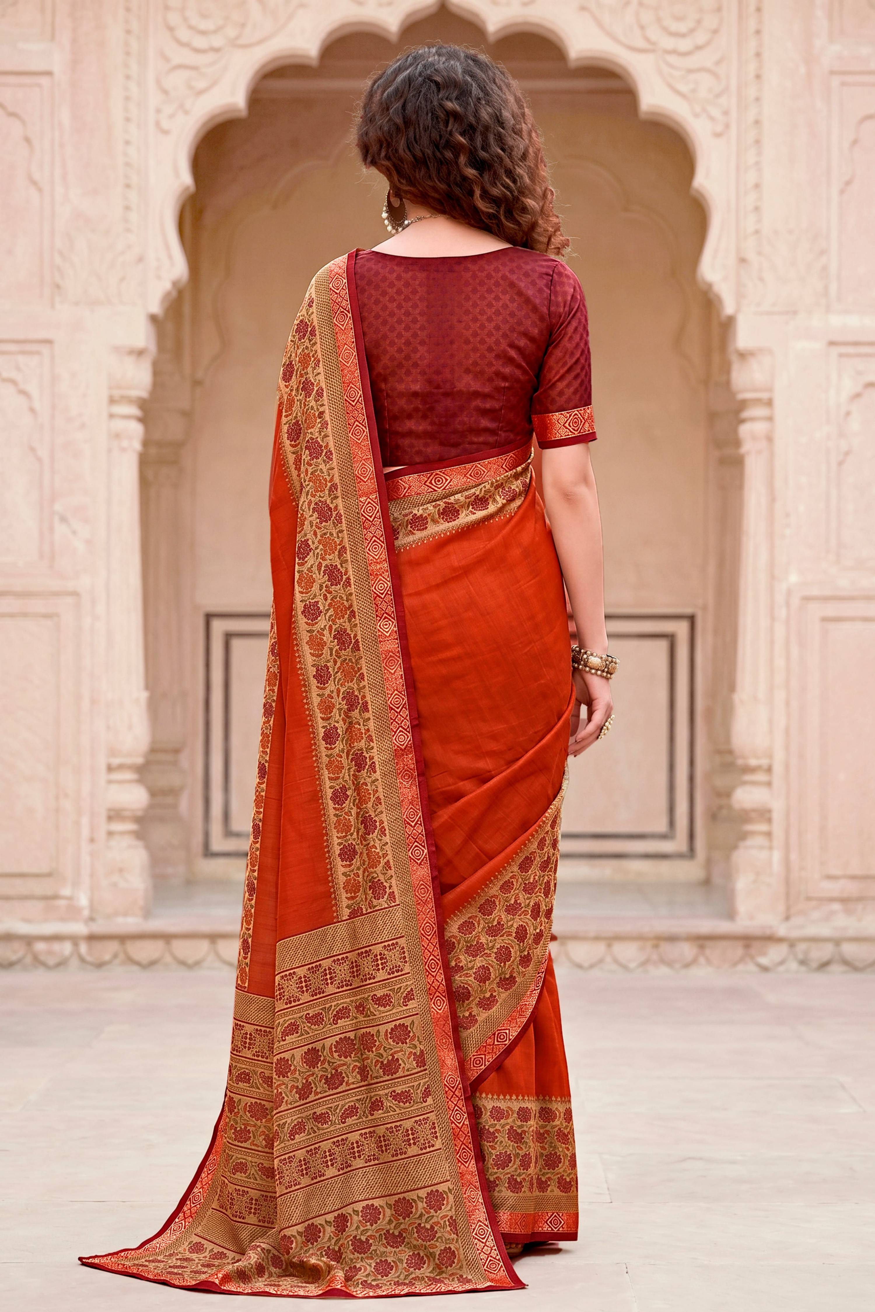 Sangam Prints Rust Orange Cotton Blend Woven Work Traditional Saree | Grocsy