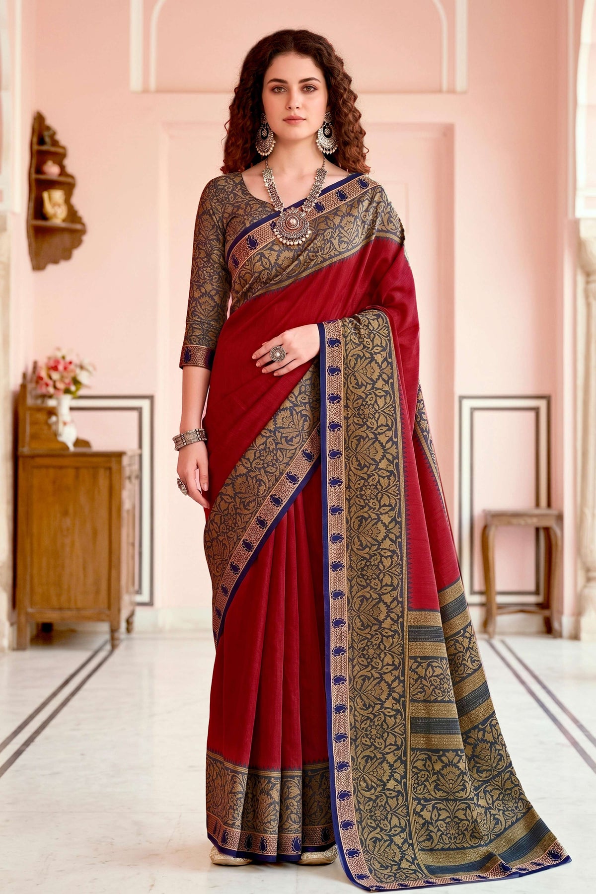 Sangam Prints Crimson Red Cotton Blend Woven Work Traditional Saree | Grocsy
