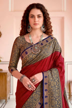 Sangam Prints Crimson Red Cotton Blend Woven Work Traditional Saree | Grocsy