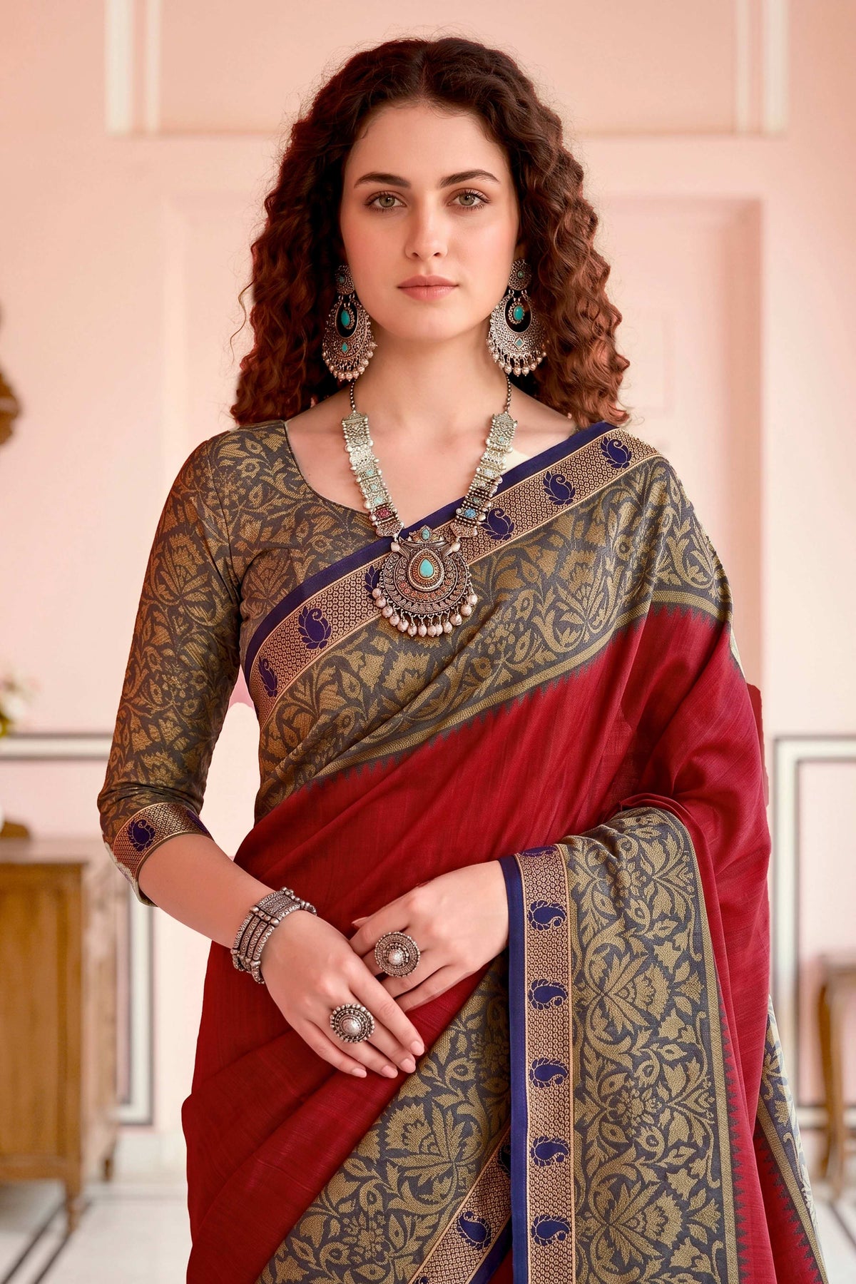 Sangam Prints Crimson Red Cotton Blend Woven Work Traditional Saree | Grocsy