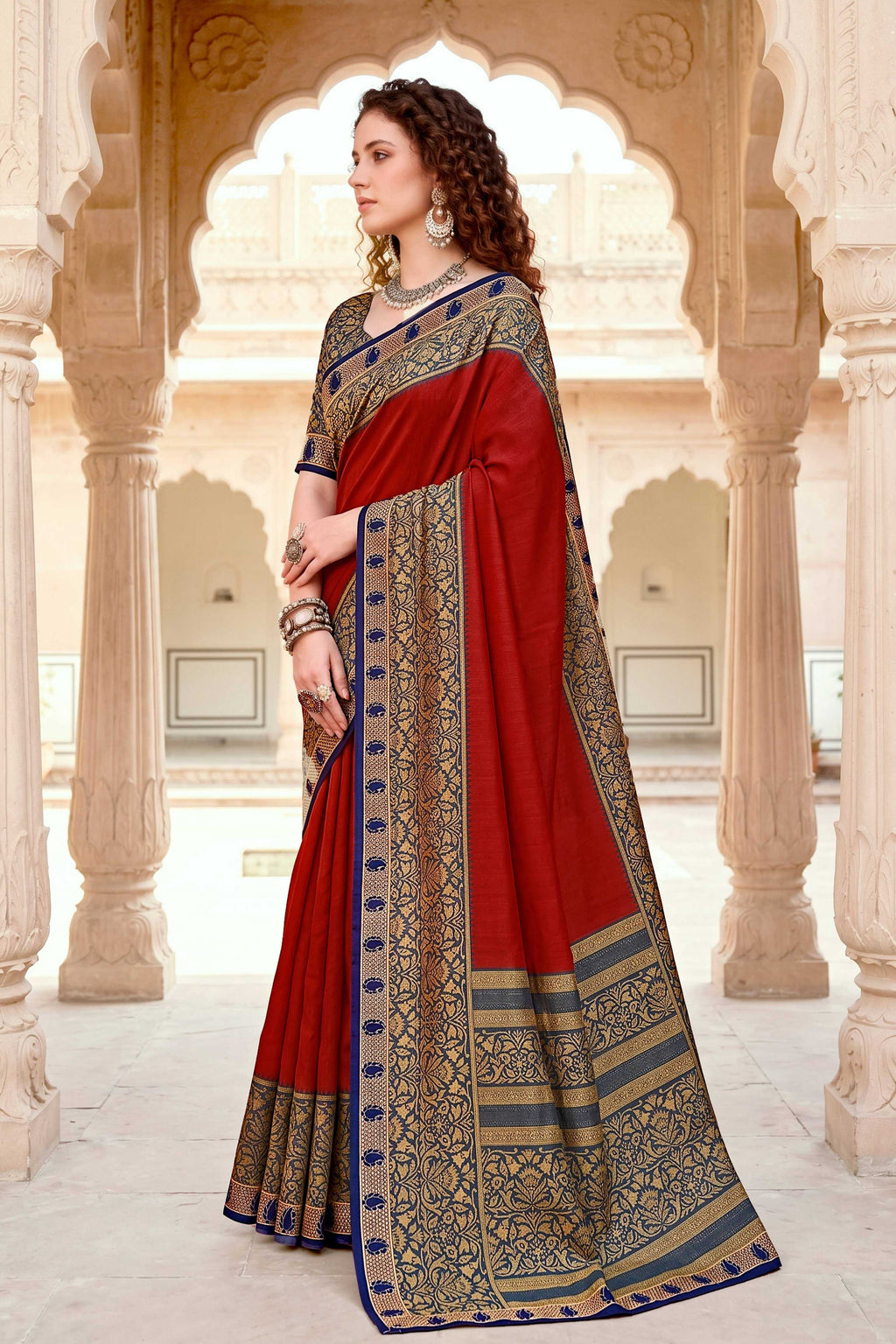 Sangam Prints Crimson Red Cotton Blend Woven Work Traditional Saree | Grocsy