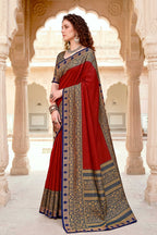 Sangam Prints Crimson Red Cotton Blend Woven Work Traditional Saree | Grocsy