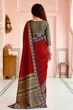 Sangam Prints Crimson Red Cotton Blend Woven Work Traditional Saree | Grocsy