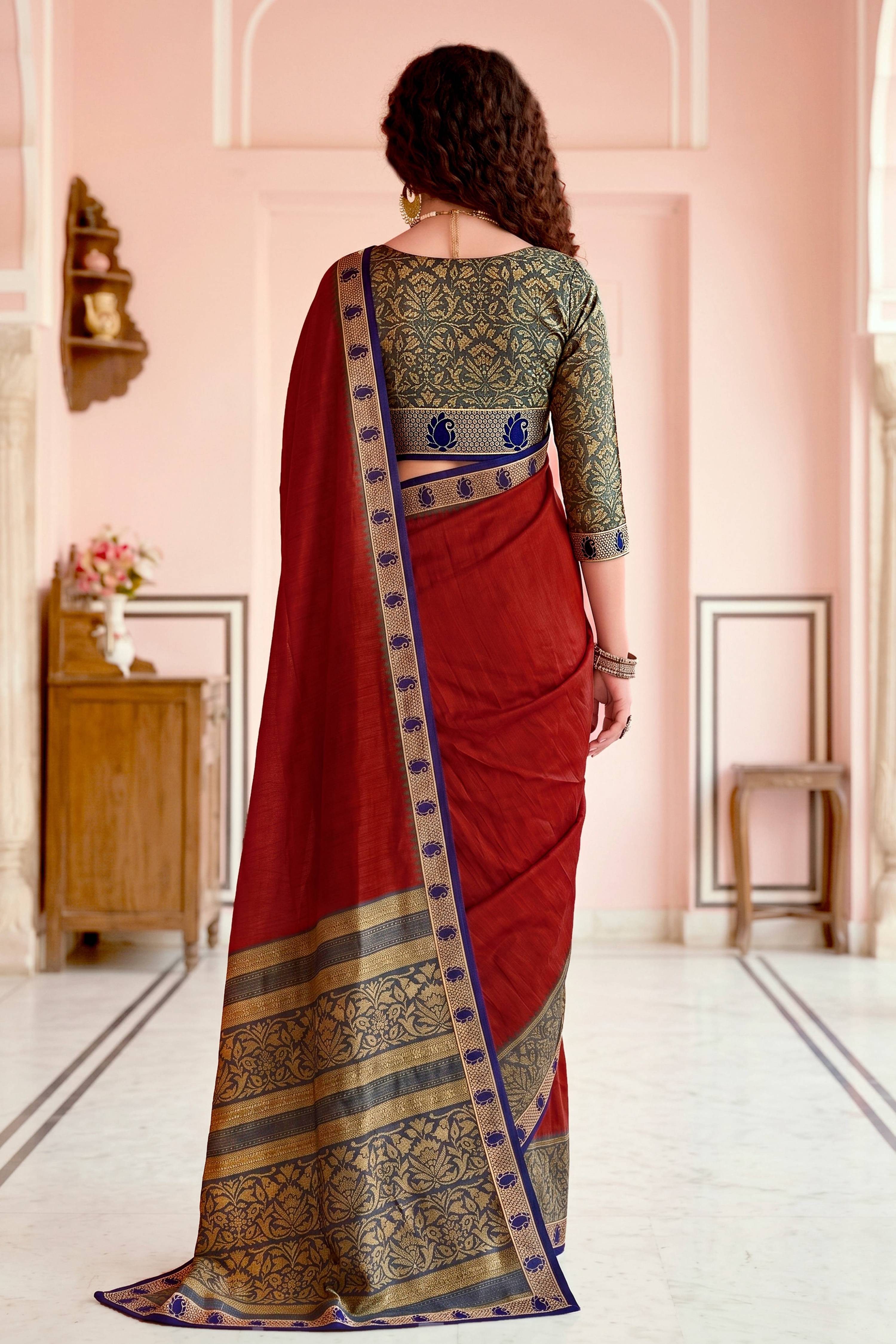 Sangam Prints Crimson Red Cotton Blend Woven Work Traditional Saree | Grocsy