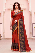 Sangam Prints Rust Red Cotton Blend Woven Work Traditional Saree | Grocsy