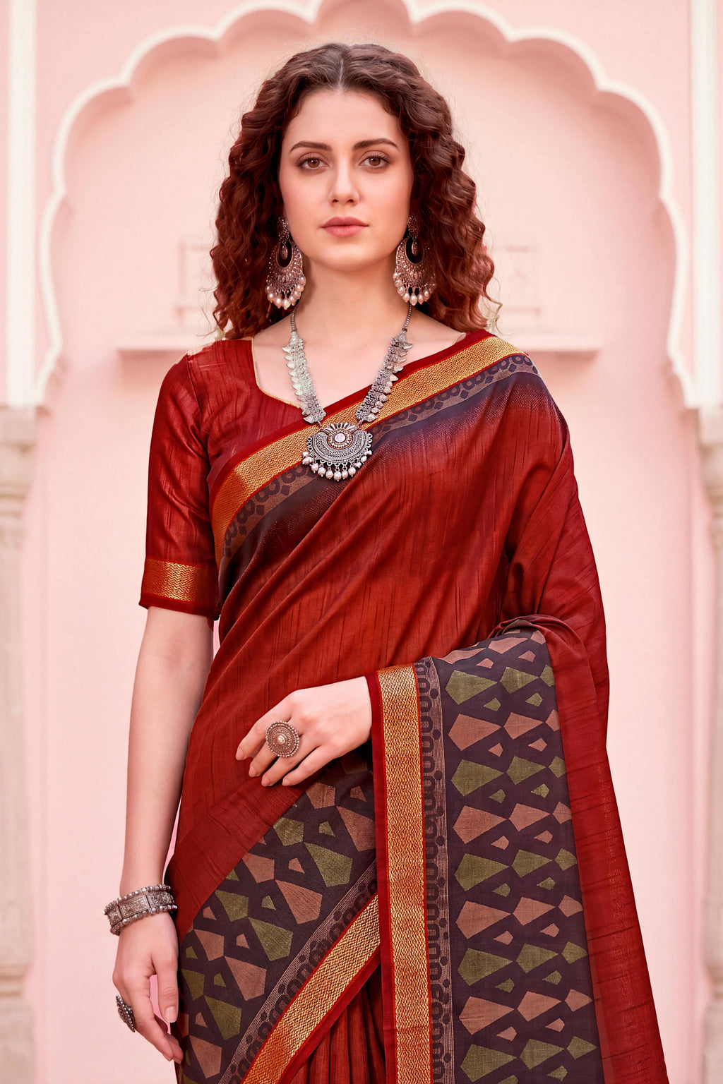 Sangam Prints Rust Red Cotton Blend Woven Work Traditional Saree | Grocsy