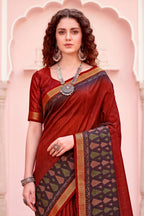 Sangam Prints Rust Red Cotton Blend Woven Work Traditional Saree | Grocsy