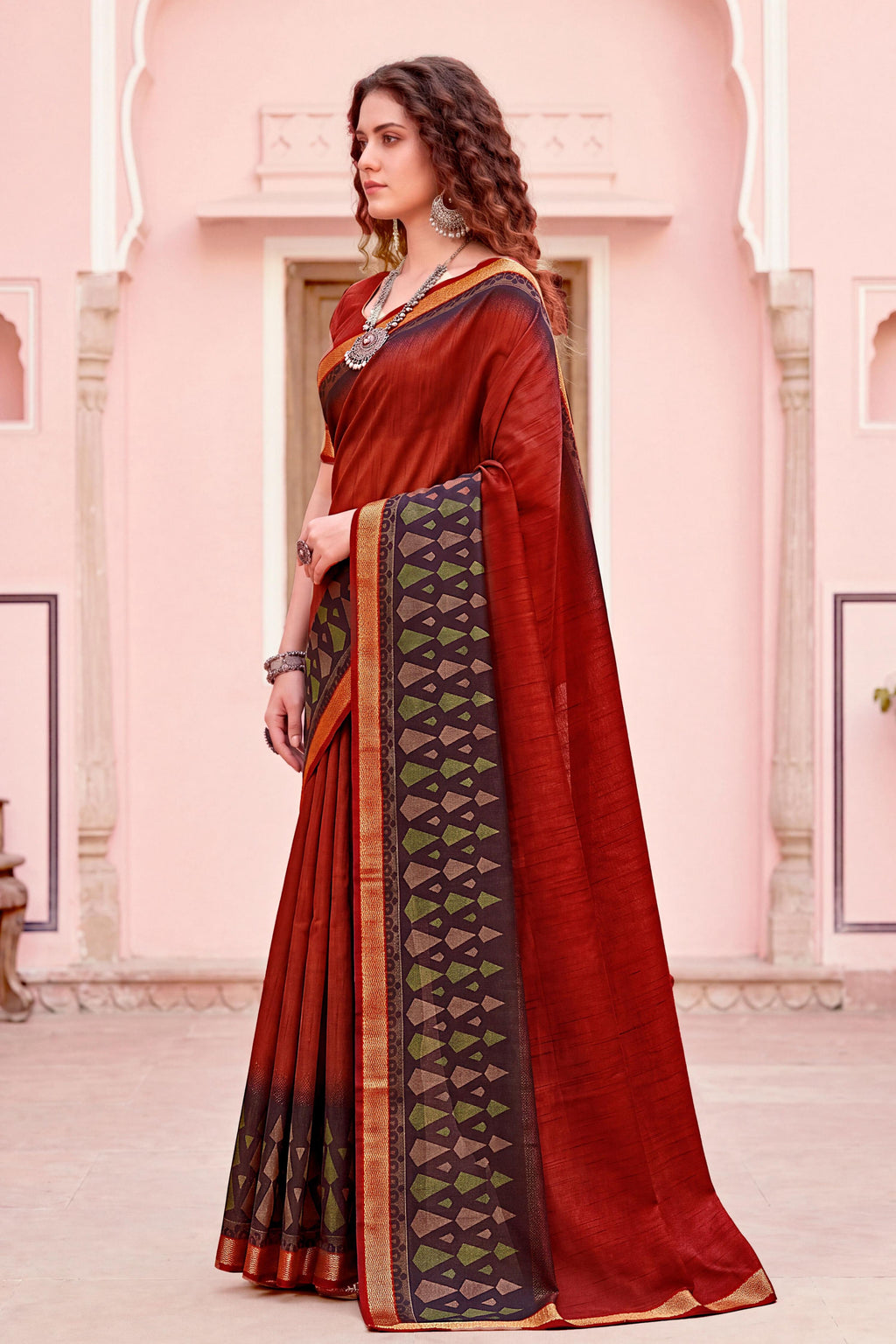 Sangam Prints Rust Red Cotton Blend Woven Work Traditional Saree | Grocsy