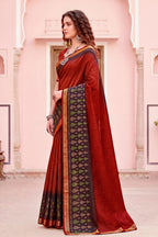 Sangam Prints Rust Red Cotton Blend Woven Work Traditional Saree | Grocsy