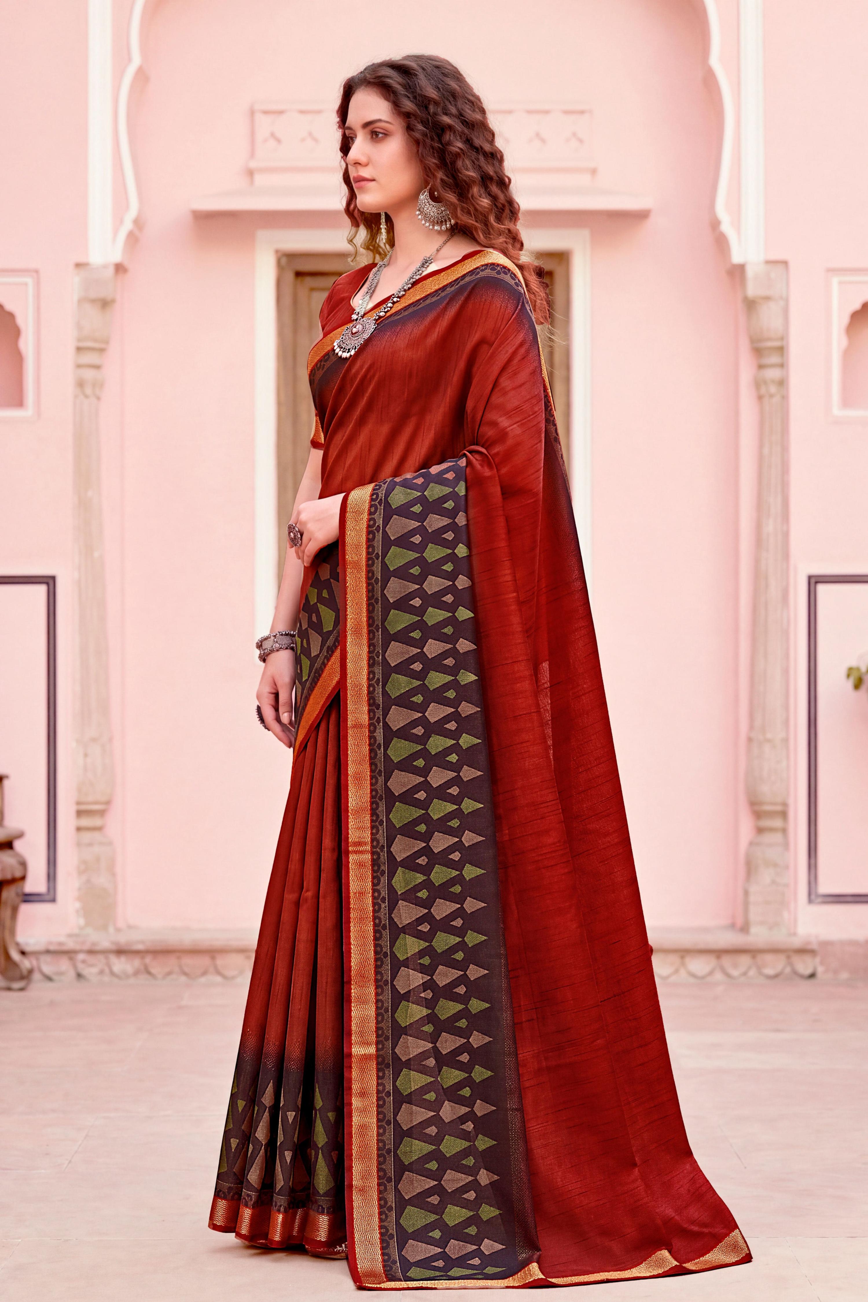 Sangam Prints Rust Red Cotton Blend Woven Work Traditional Saree | Grocsy