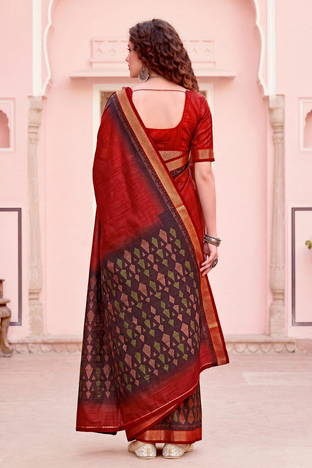 Sangam Prints Rust Red Cotton Blend Woven Work Traditional Saree | Grocsy