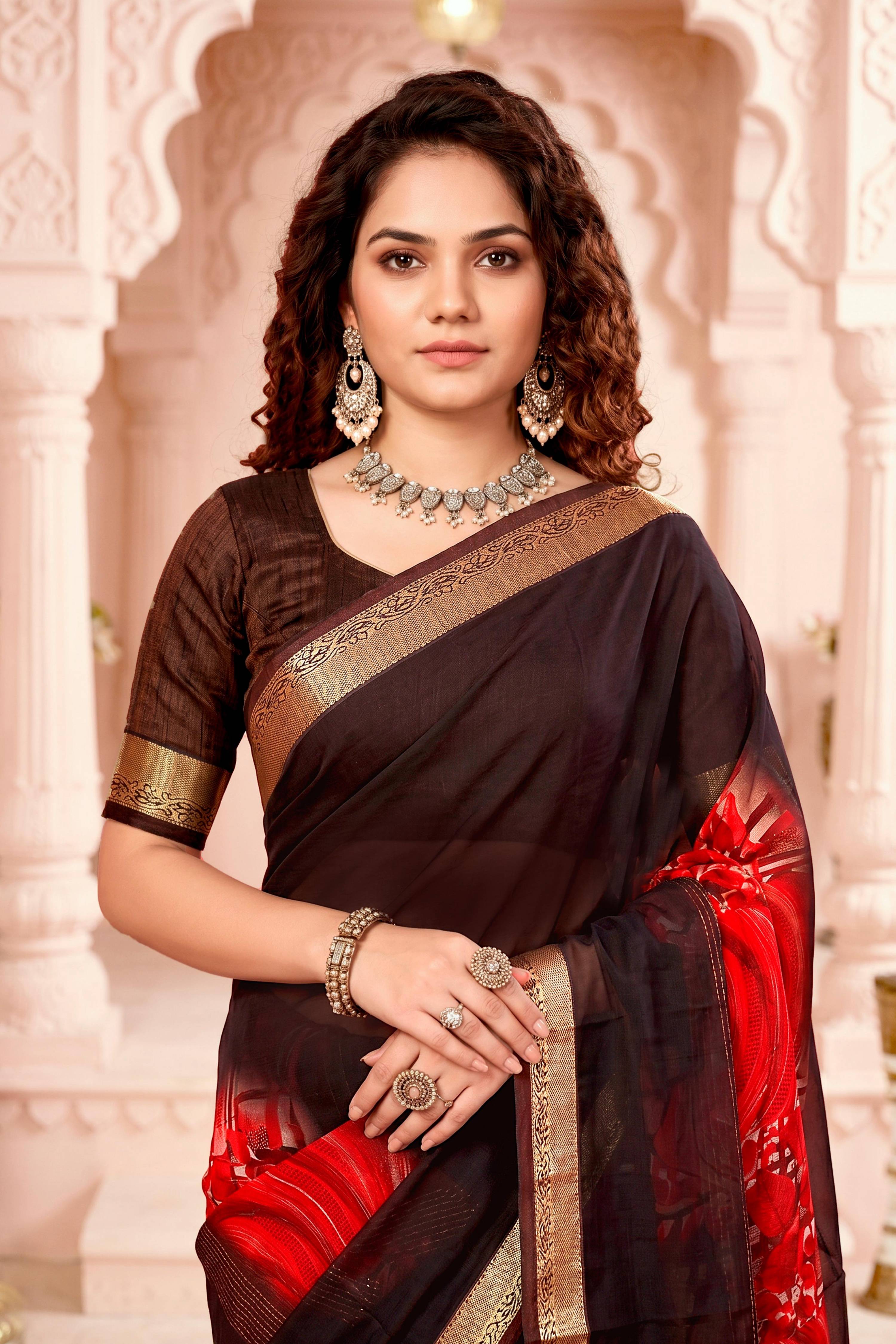 Sangam Prints Chocolate Brown Cotton Blend Woven Work Traditional Saree | Grocsy