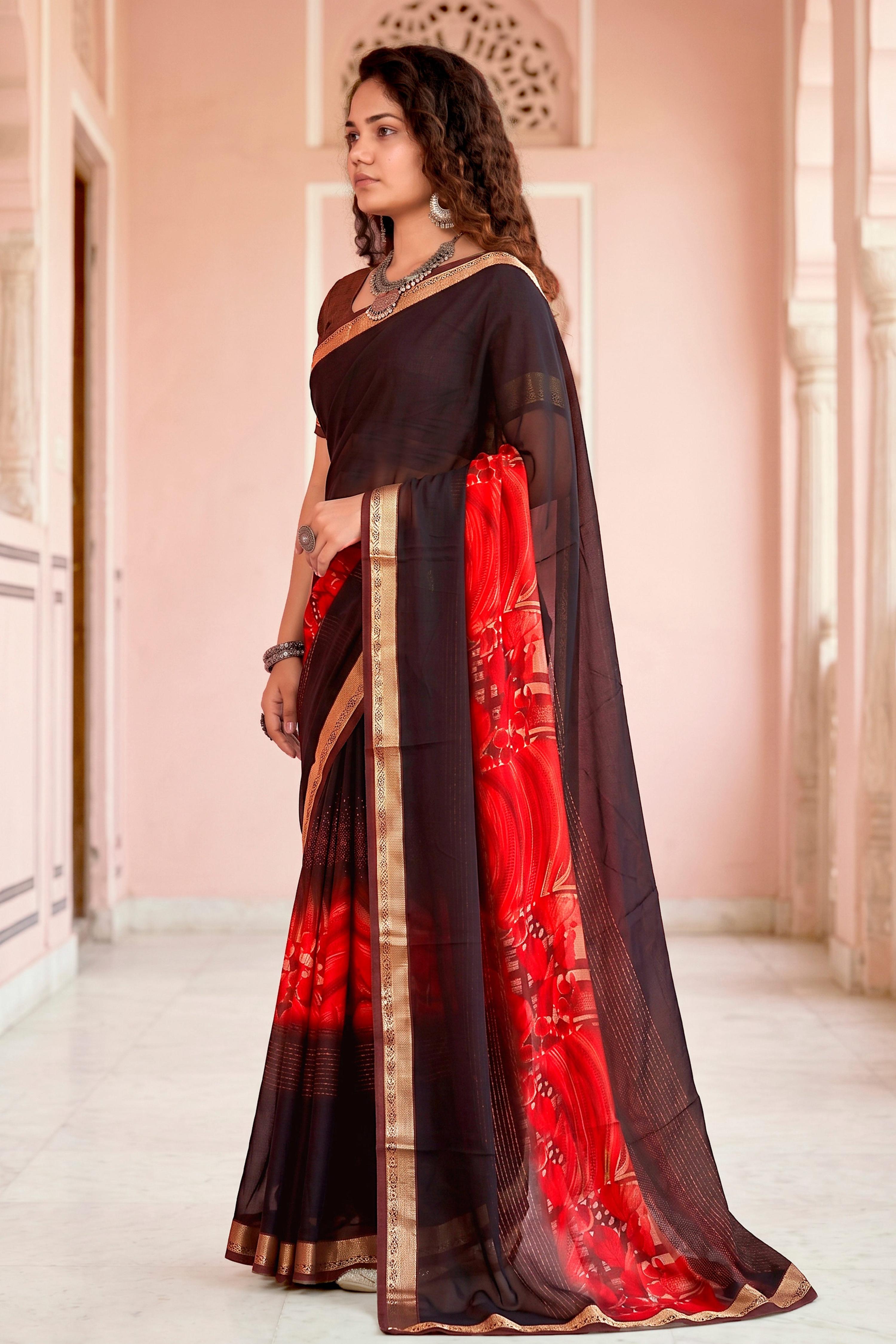 Sangam Prints Chocolate Brown Cotton Blend Woven Work Traditional Saree | Grocsy
