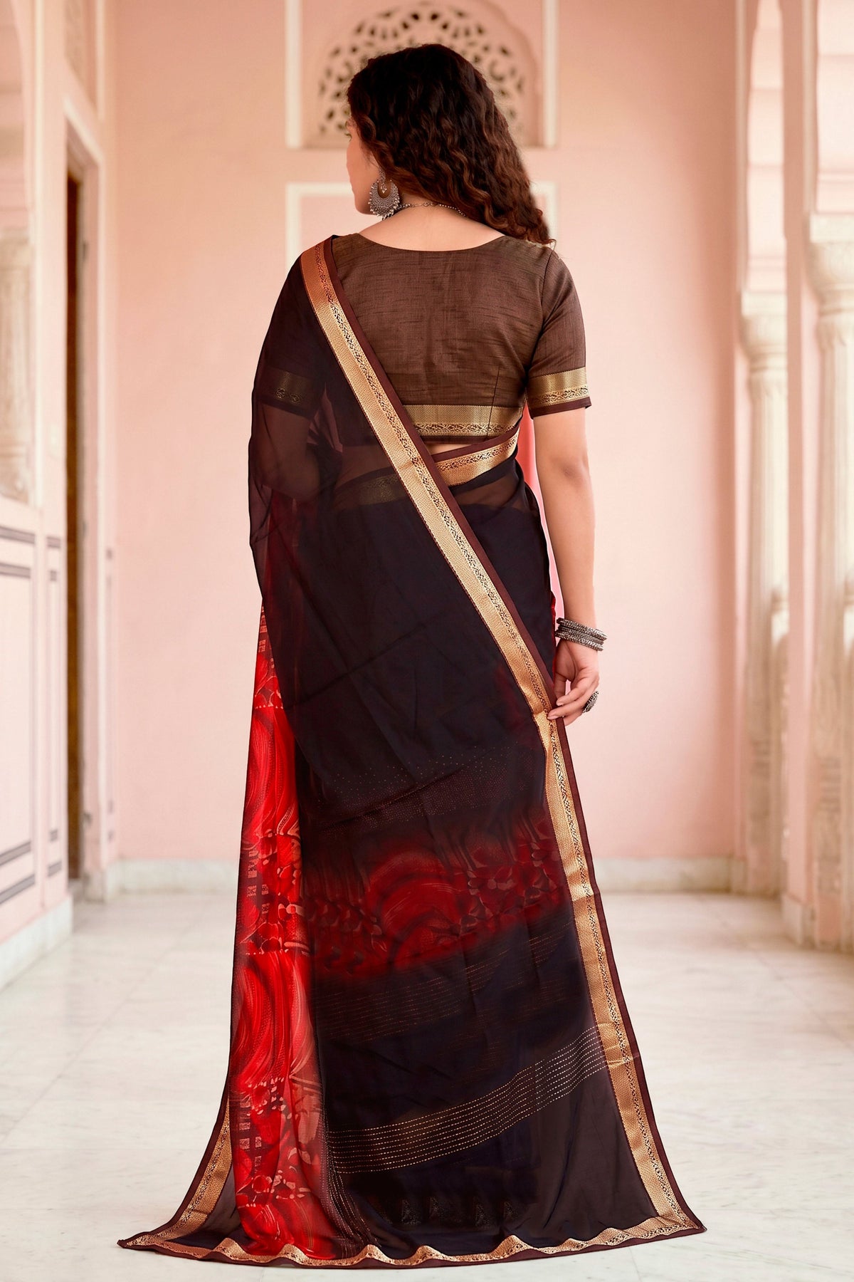 Sangam Prints Chocolate Brown Cotton Blend Woven Work Traditional Saree | Grocsy