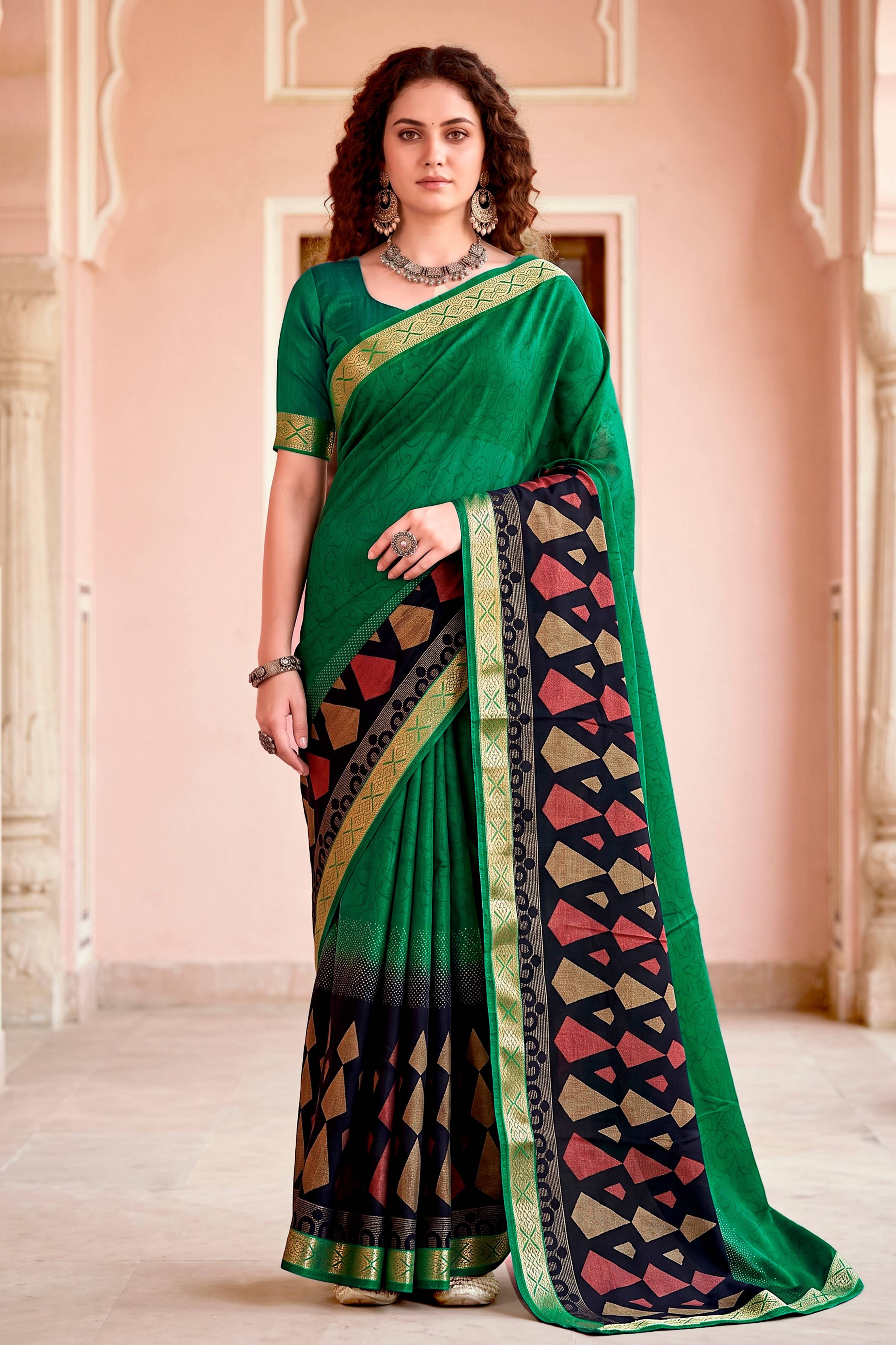 Sangam Prints Bottle Green Cotton Blend Woven Work Traditional Saree | Grocsy