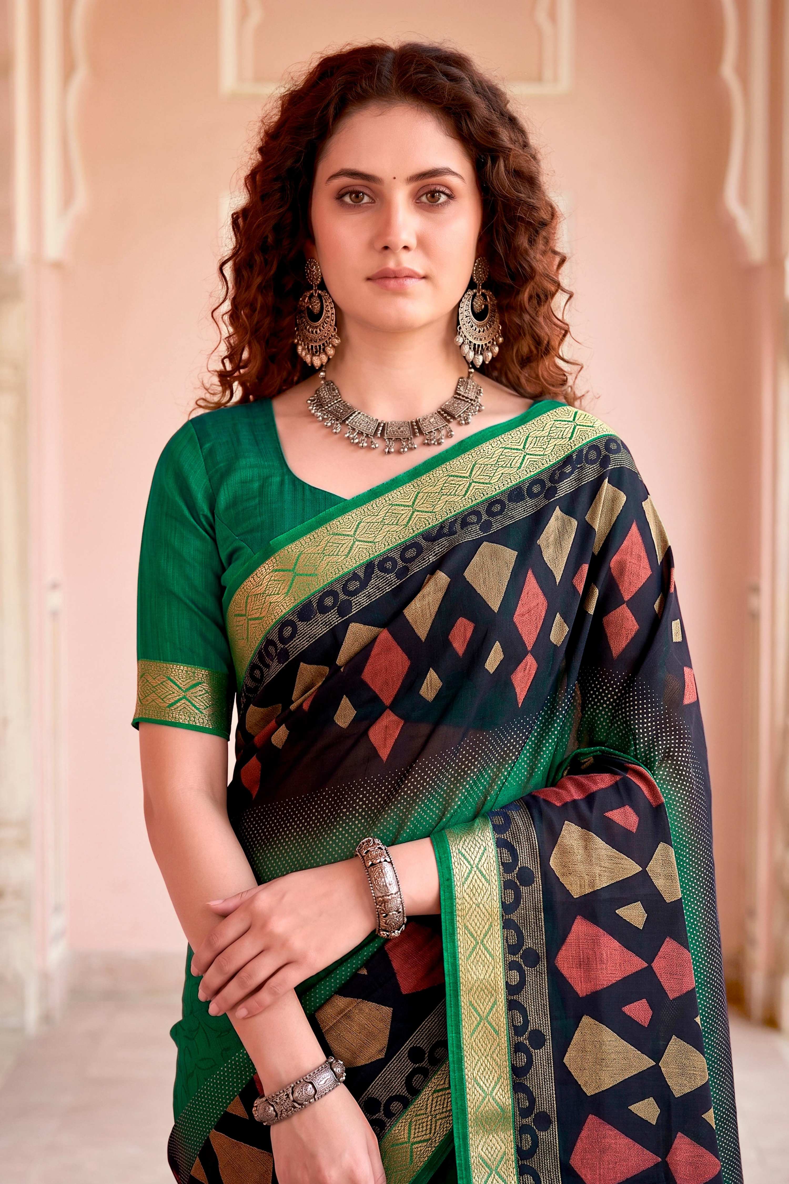 Sangam Prints Bottle Green Cotton Blend Woven Work Traditional Saree | Grocsy