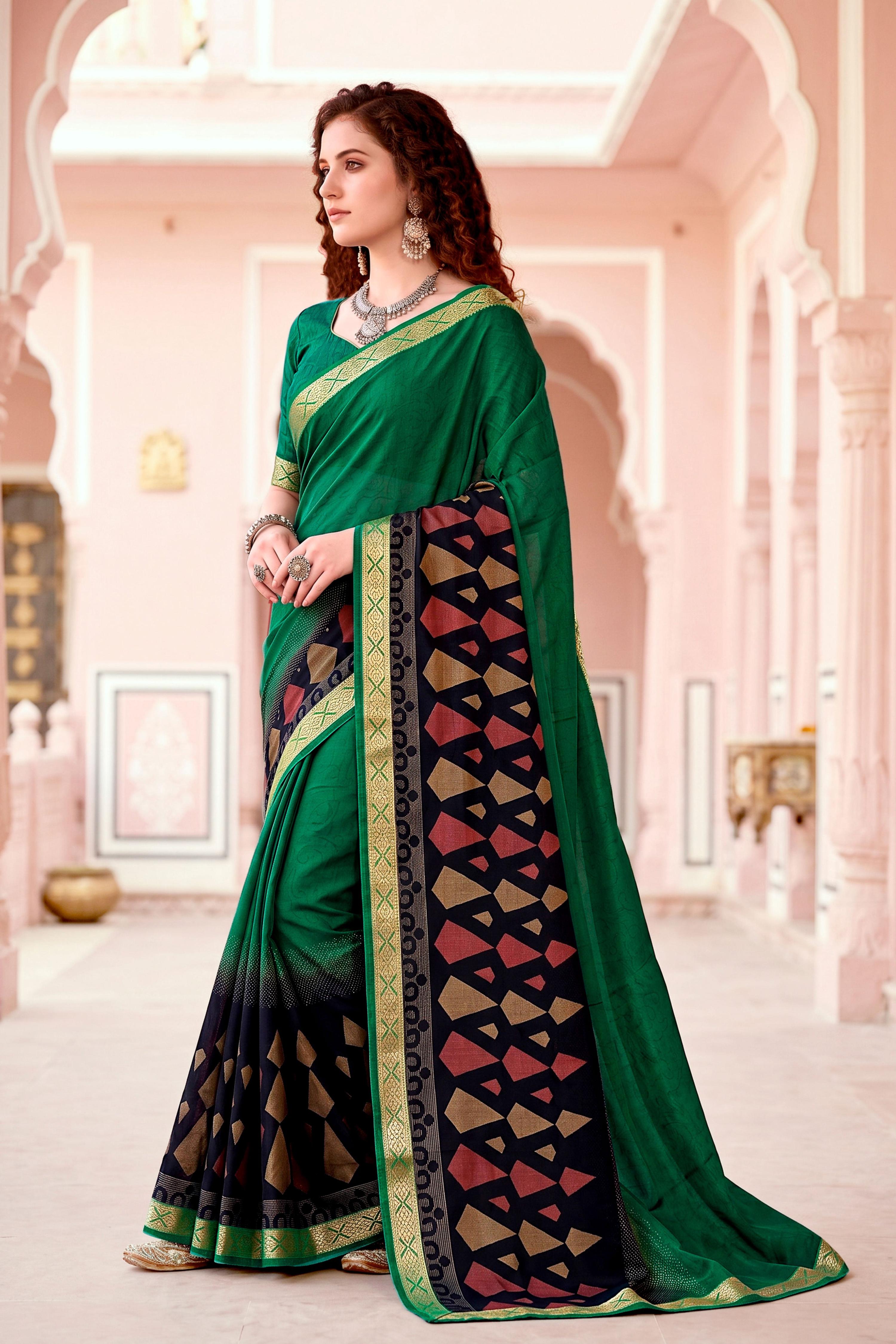 Sangam Prints Bottle Green Cotton Blend Woven Work Traditional Saree | Grocsy