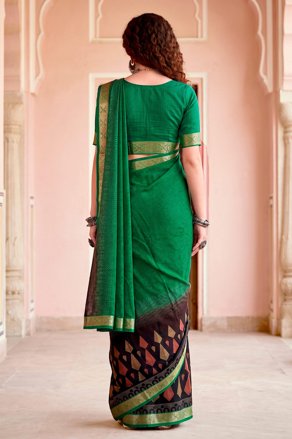 Sangam Prints Bottle Green Cotton Blend Woven Work Traditional Saree | Grocsy