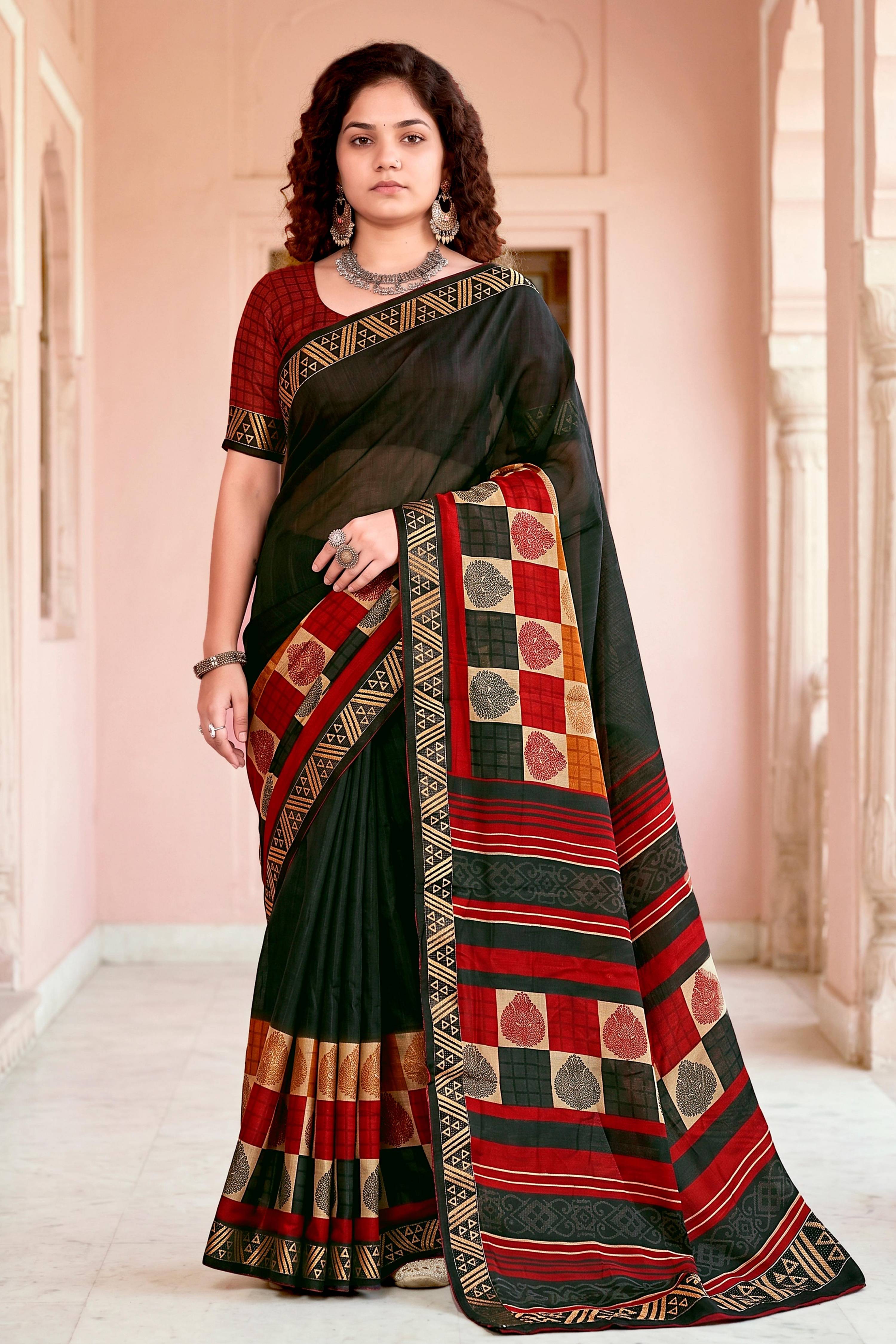 Sangam Prints Dark Green Cotton Blend Woven Work Traditional Saree | Grocsy