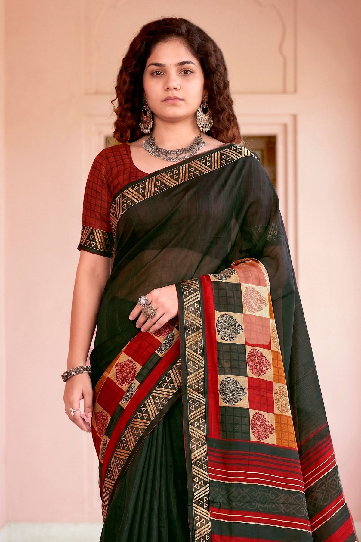 Sangam Prints Dark Green Cotton Blend Woven Work Traditional Saree | Grocsy