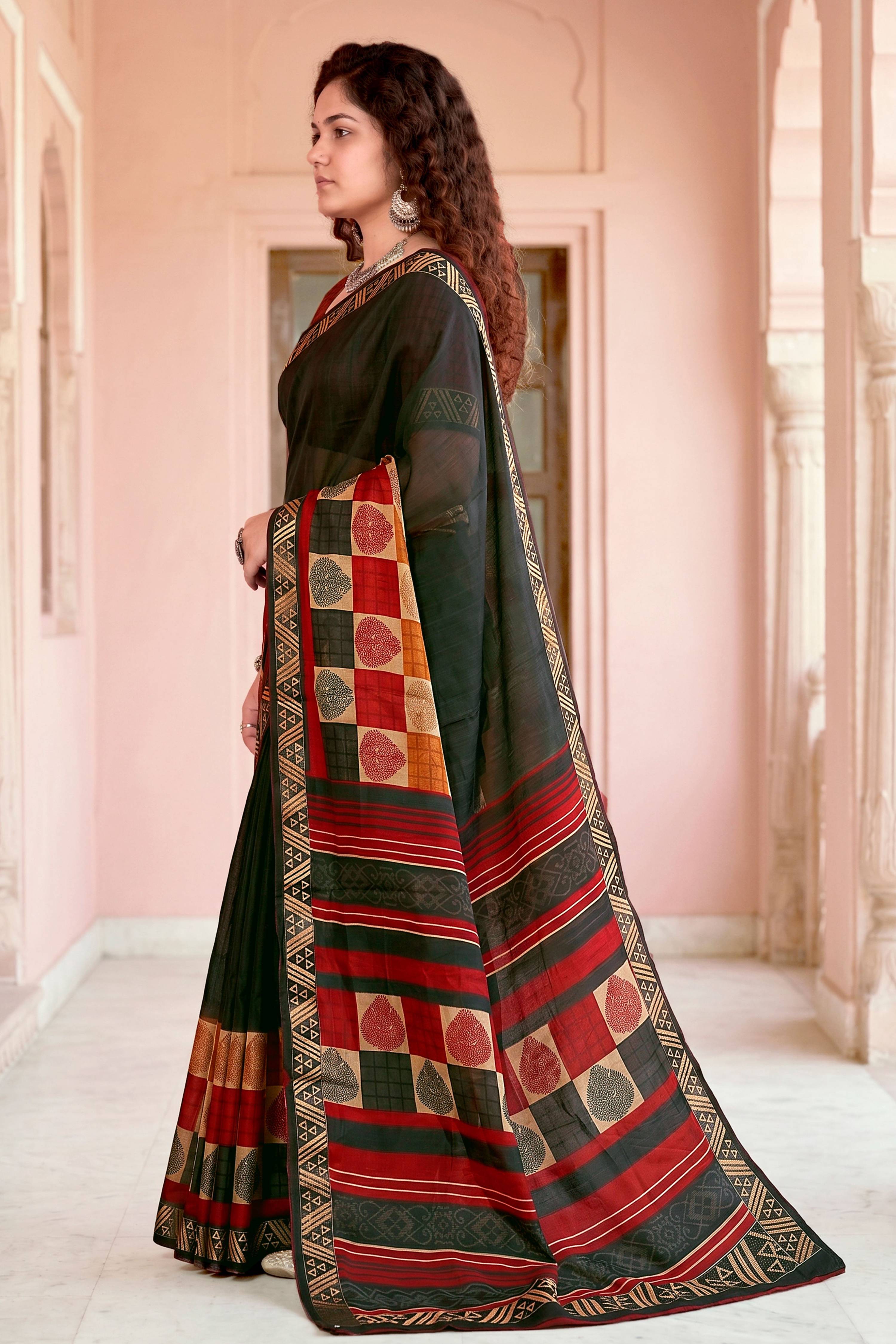 Sangam Prints Dark Green Cotton Blend Woven Work Traditional Saree | Grocsy