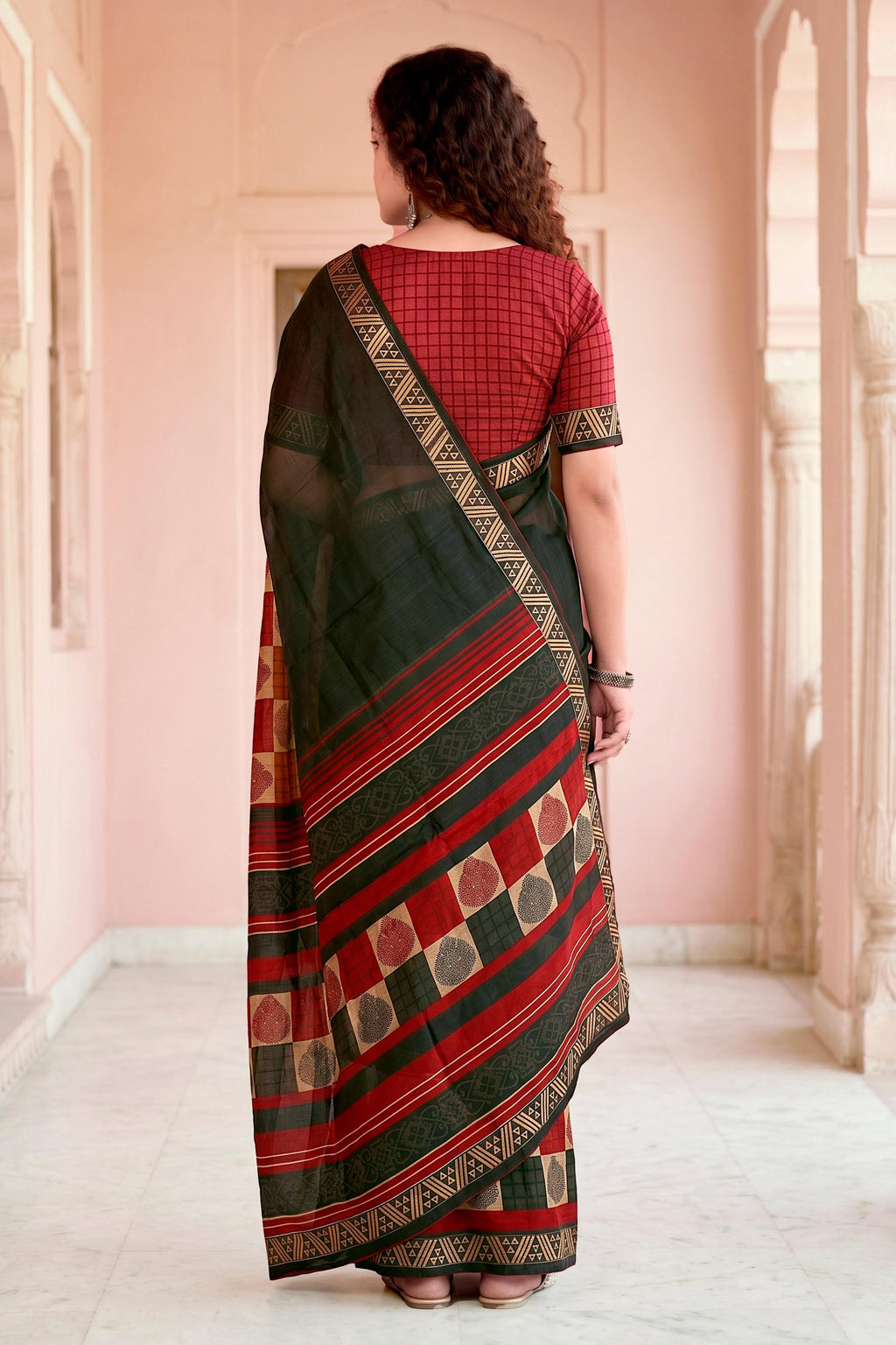 Sangam Prints Dark Green Cotton Blend Woven Work Traditional Saree | Grocsy