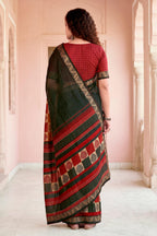Sangam Prints Dark Green Cotton Blend Woven Work Traditional Saree | Grocsy