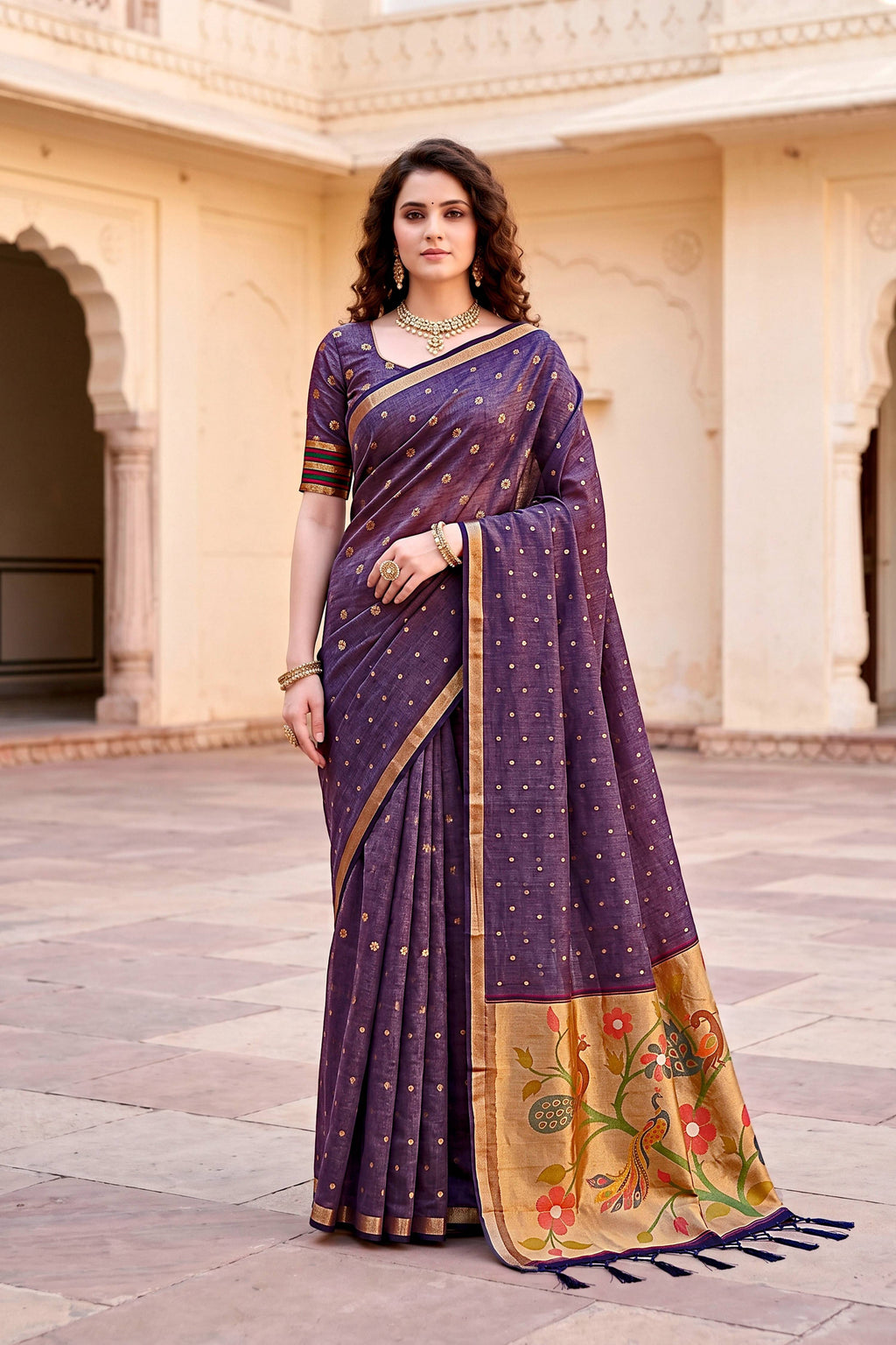 Sangam Prints Violet Cotton Blend Woven Work Traditional Saree | Grocsy