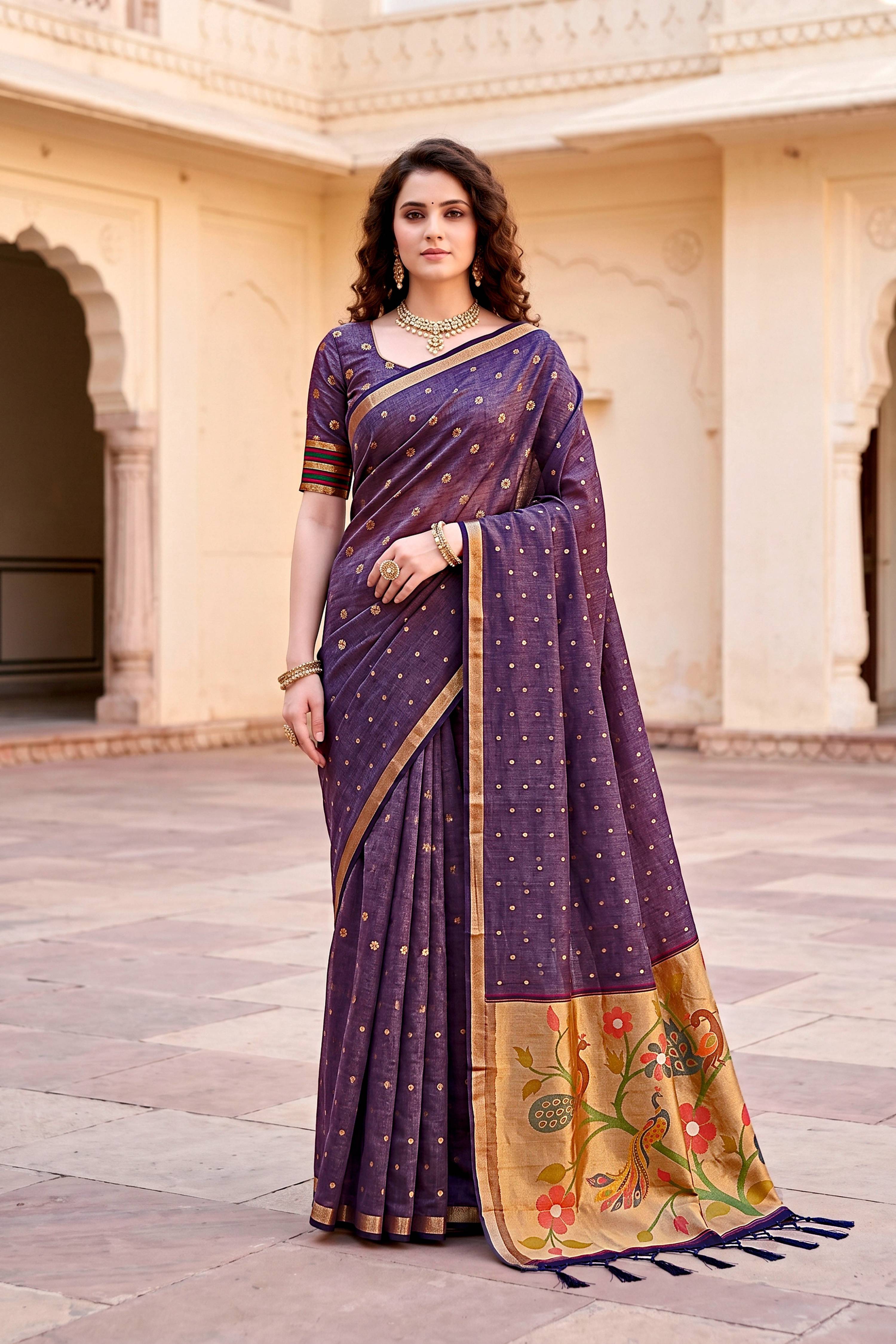 Sangam Prints Violet Cotton Blend Woven Work Traditional Saree | Grocsy