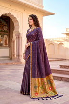 Sangam Prints Violet Cotton Blend Woven Work Traditional Saree | Grocsy
