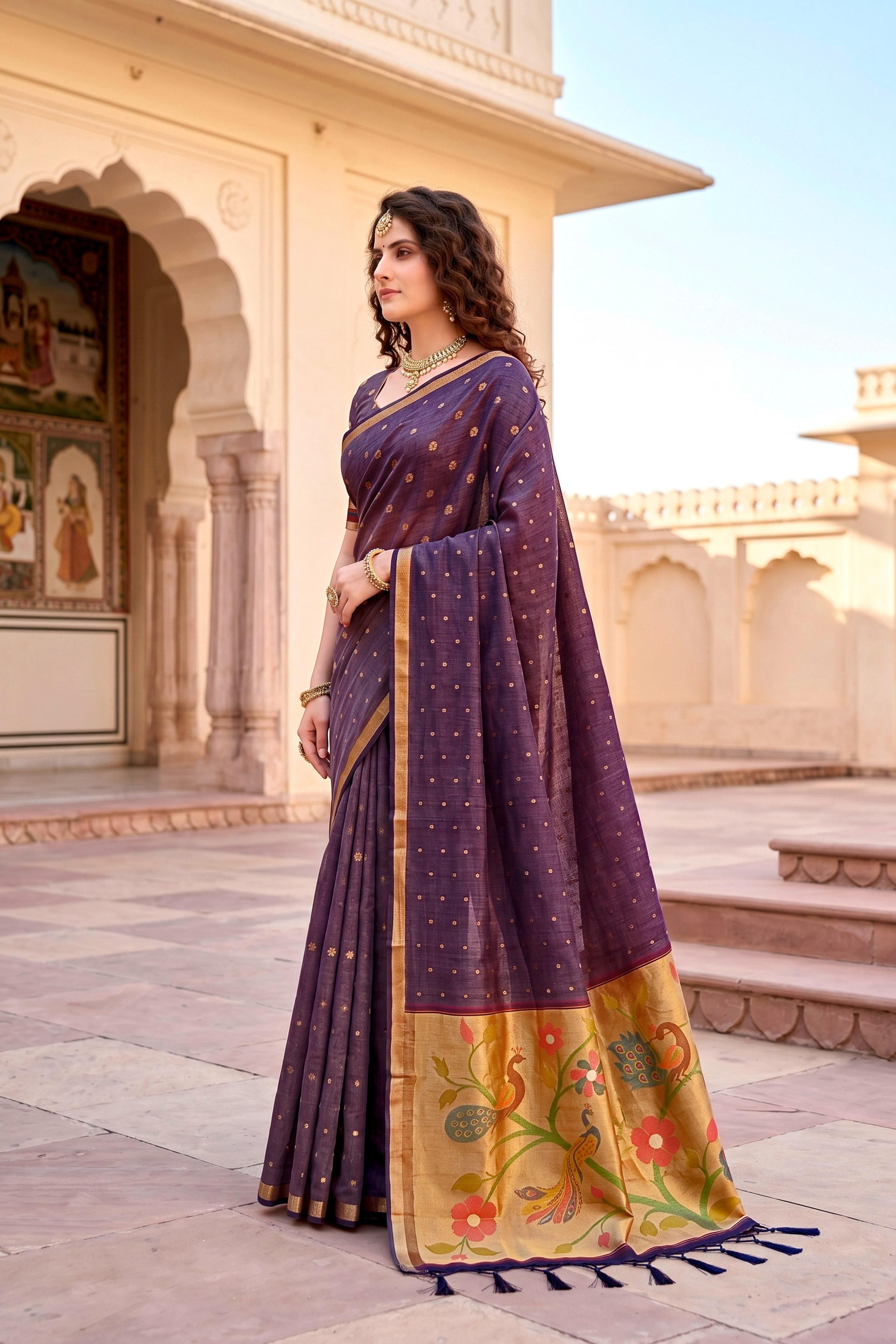 Sangam Prints Violet Cotton Blend Woven Work Traditional Saree | Grocsy