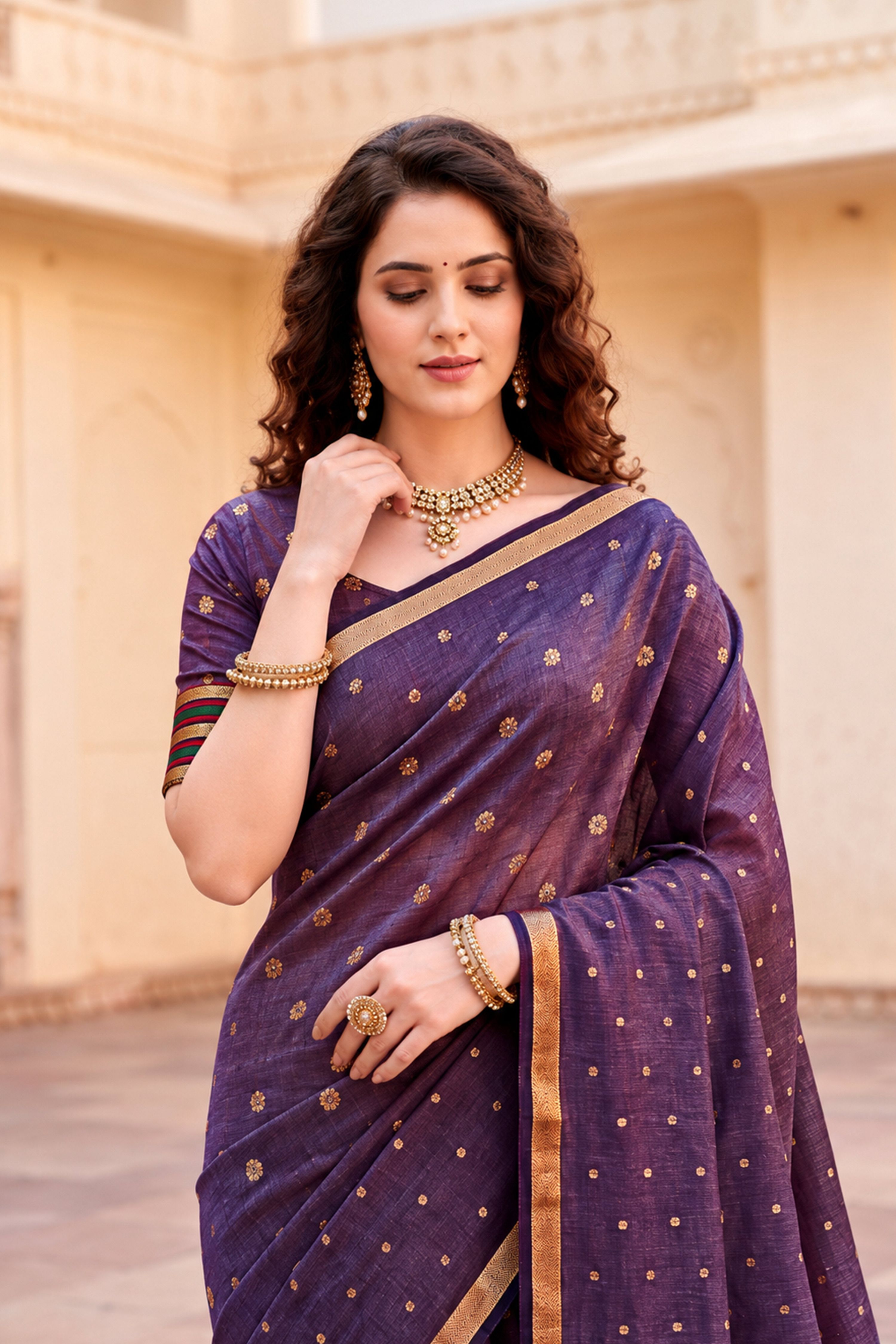 Sangam Prints Violet Cotton Blend Woven Work Traditional Saree | Grocsy