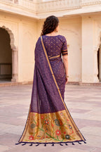 Sangam Prints Violet Cotton Blend Woven Work Traditional Saree | Grocsy
