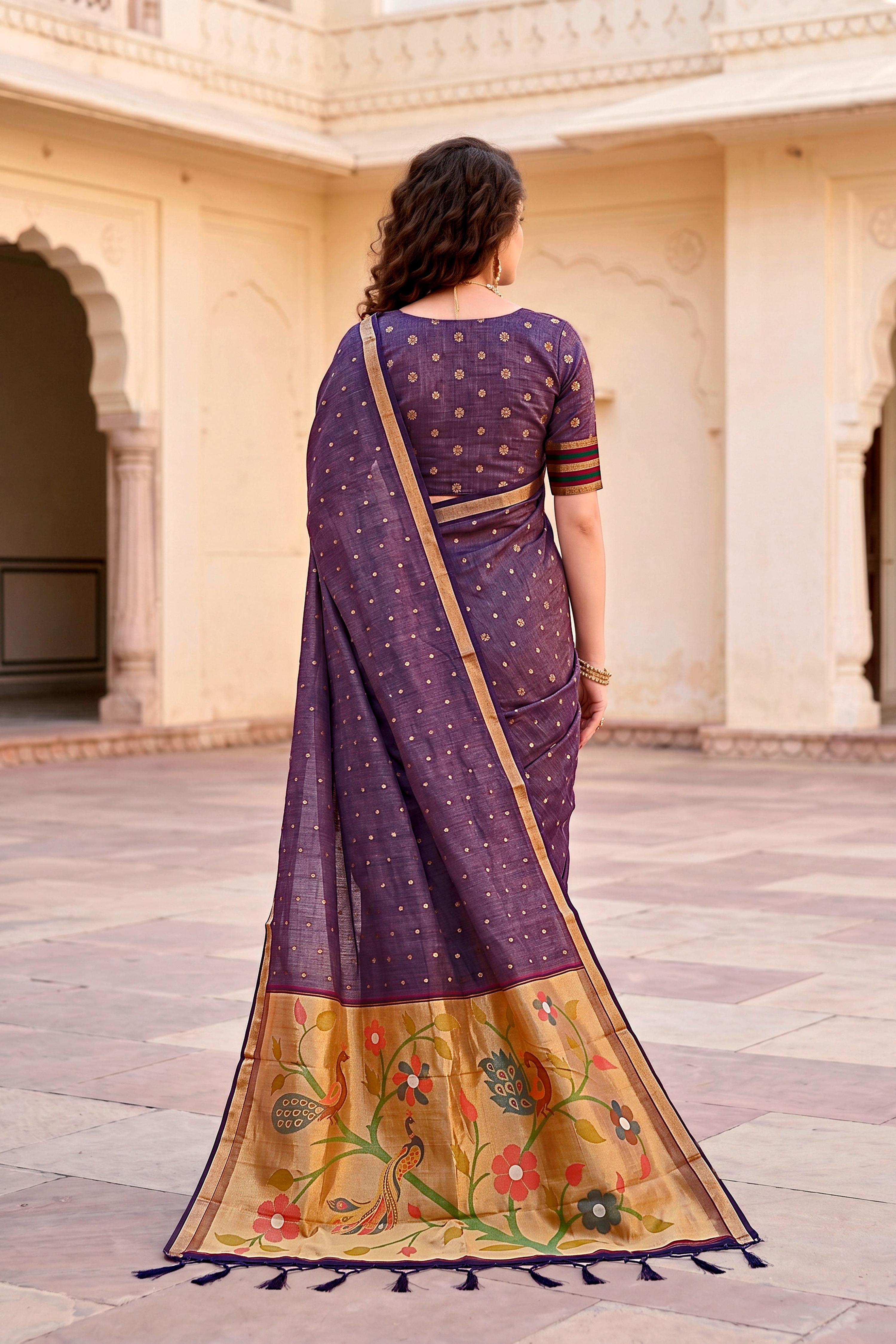 Sangam Prints Violet Cotton Blend Woven Work Traditional Saree | Grocsy