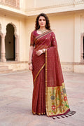Sangam Prints Maroon Cotton Blend Woven Work Traditional Saree | Grocsy