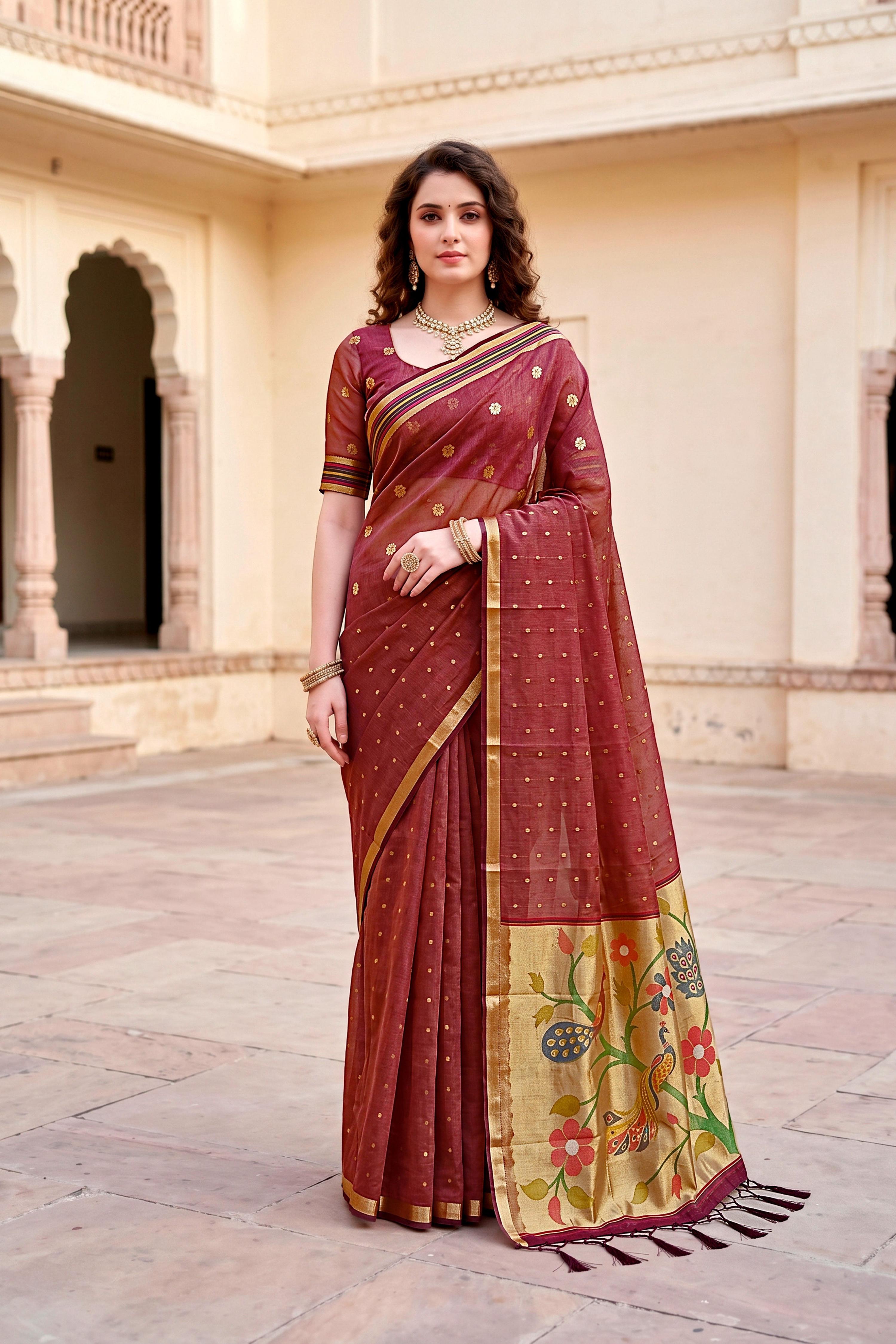Sangam Prints Maroon Cotton Blend Woven Work Traditional Saree | Grocsy