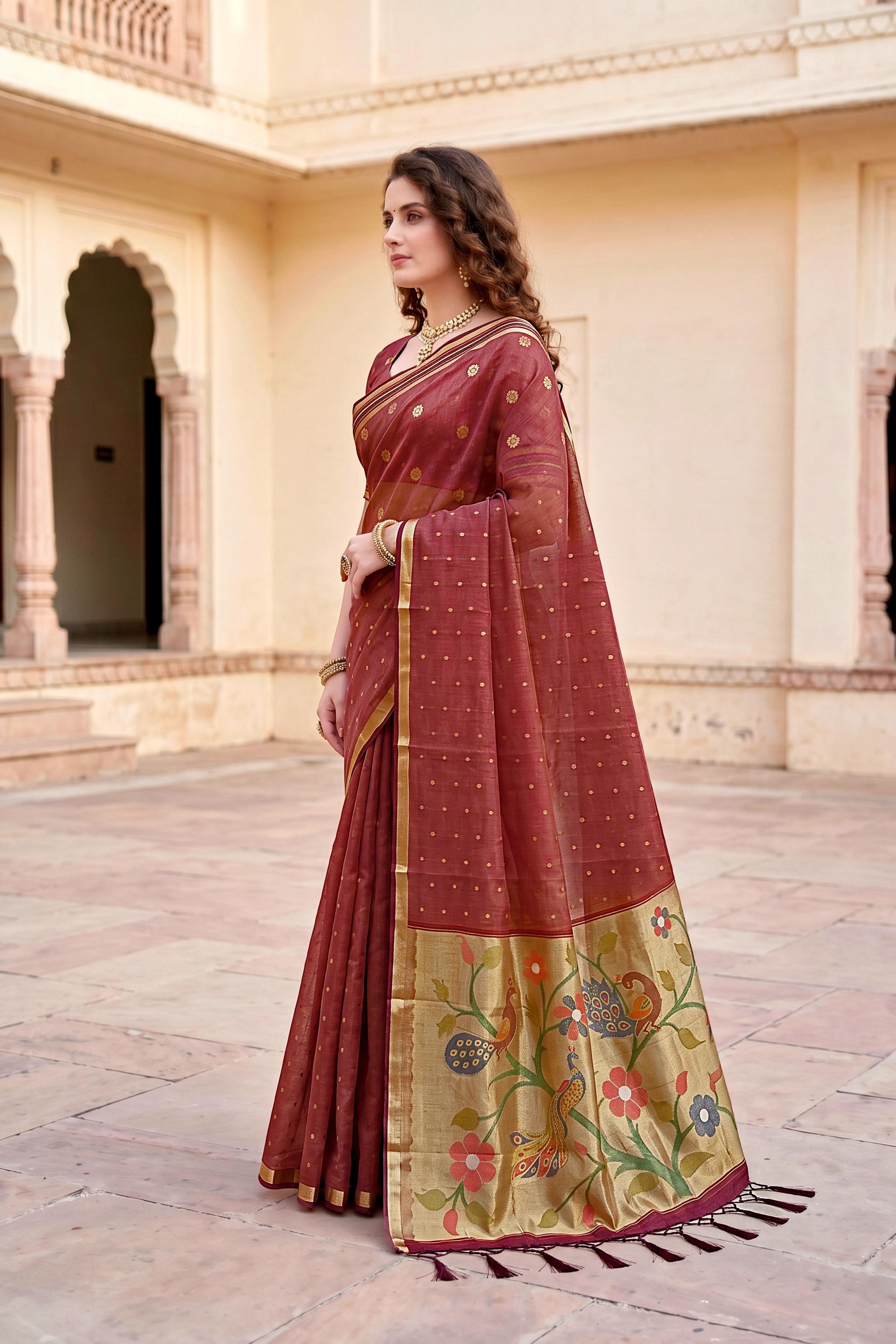 Sangam Prints Maroon Cotton Blend Woven Work Traditional Saree | Grocsy
