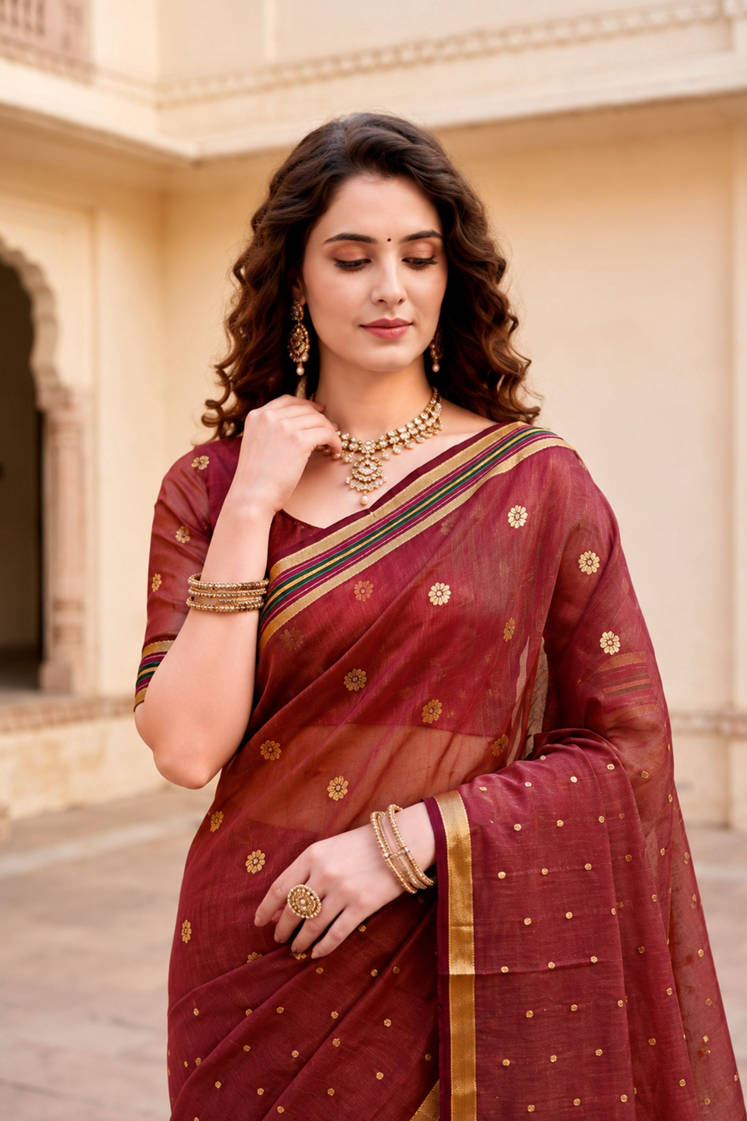 Sangam Prints Maroon Cotton Blend Woven Work Traditional Saree | Grocsy