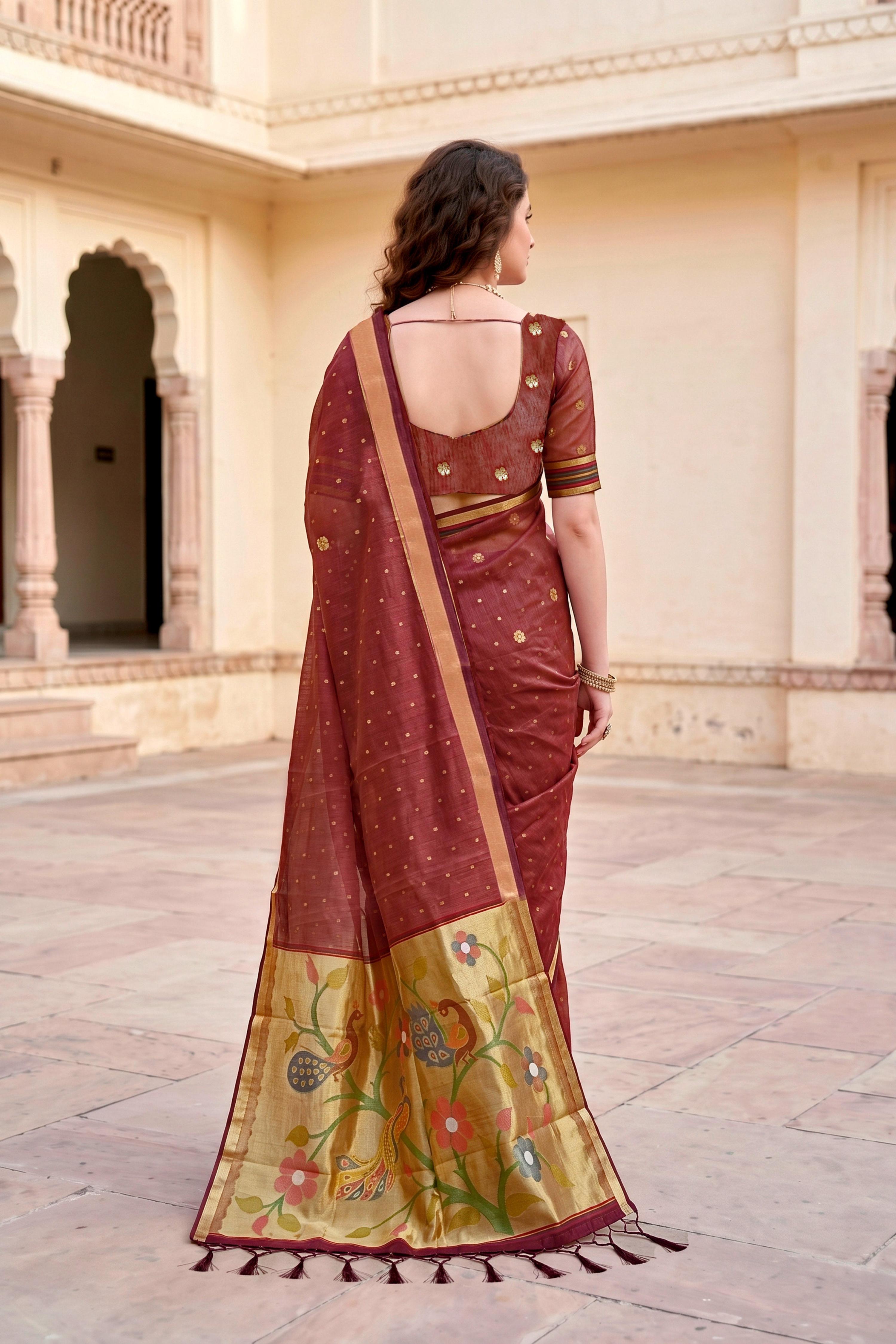 Sangam Prints Maroon Cotton Blend Woven Work Traditional Saree | Grocsy