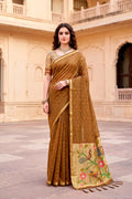 Sangam Prints Mustard Brown Cotton Blend Woven Work Traditional Saree | Grocsy
