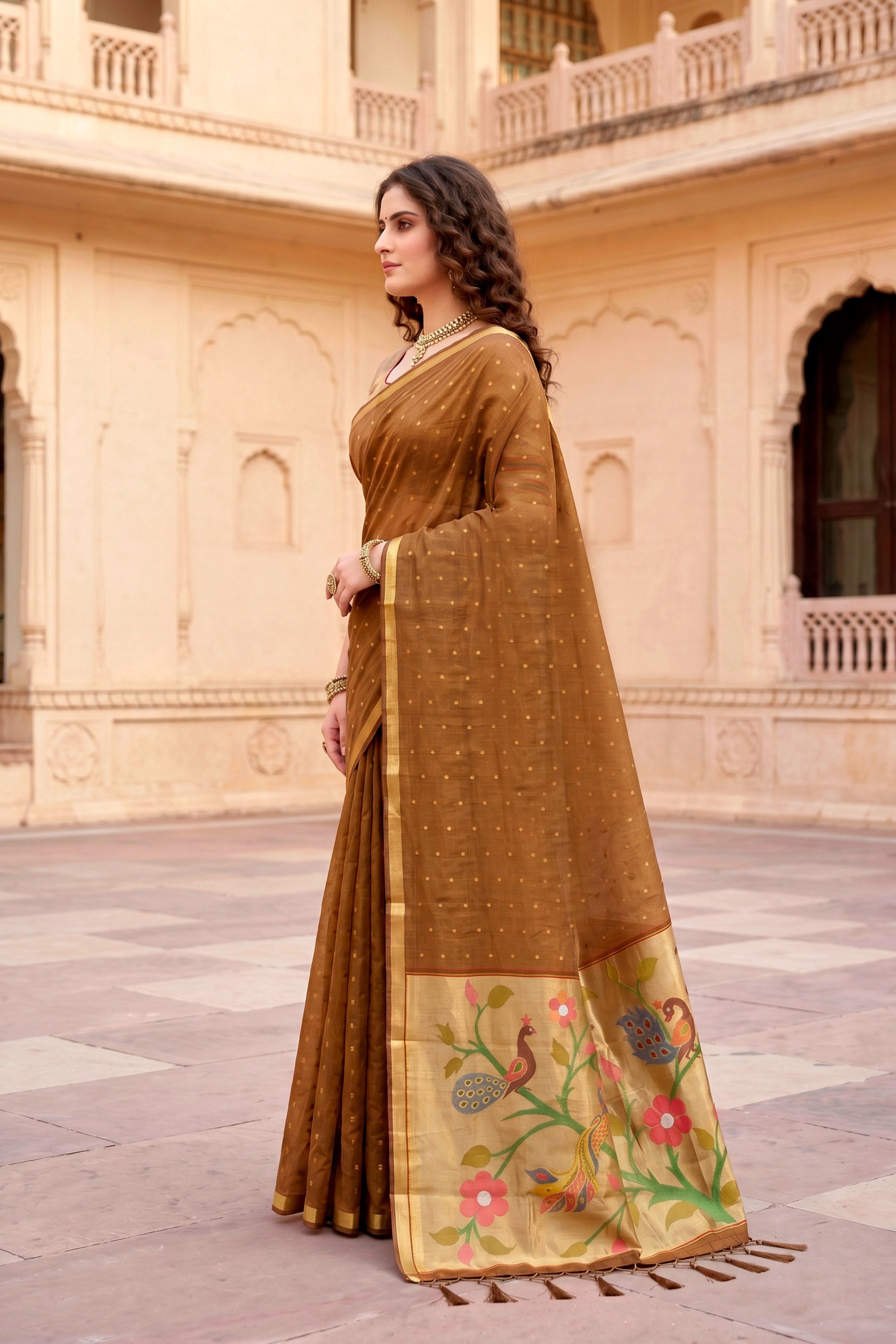 Sangam Prints Mustard Brown Cotton Blend Woven Work Traditional Saree | Grocsy