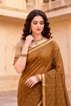 Sangam Prints Mustard Brown Cotton Blend Woven Work Traditional Saree | Grocsy