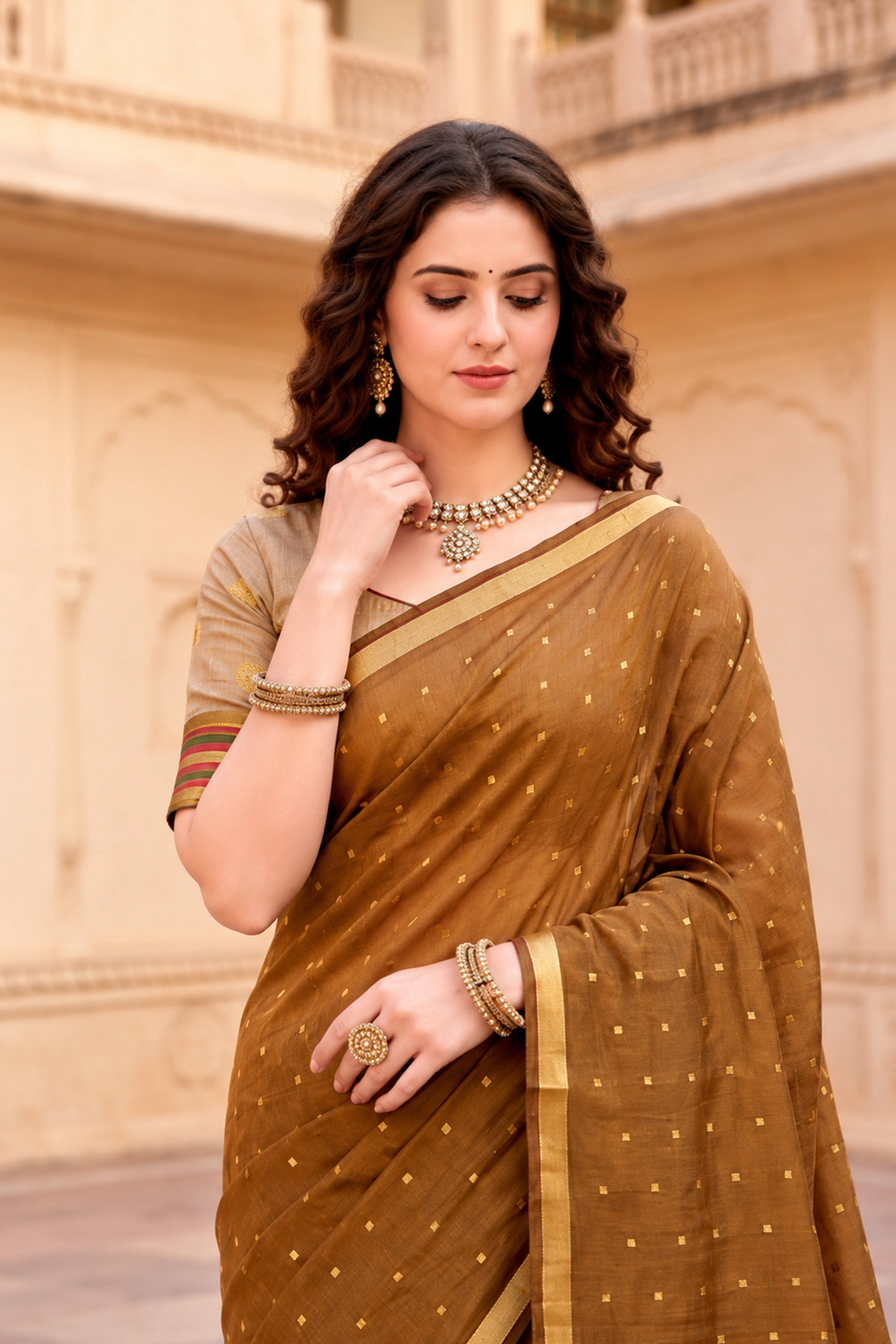 Sangam Prints Mustard Brown Cotton Blend Woven Work Traditional Saree | Grocsy