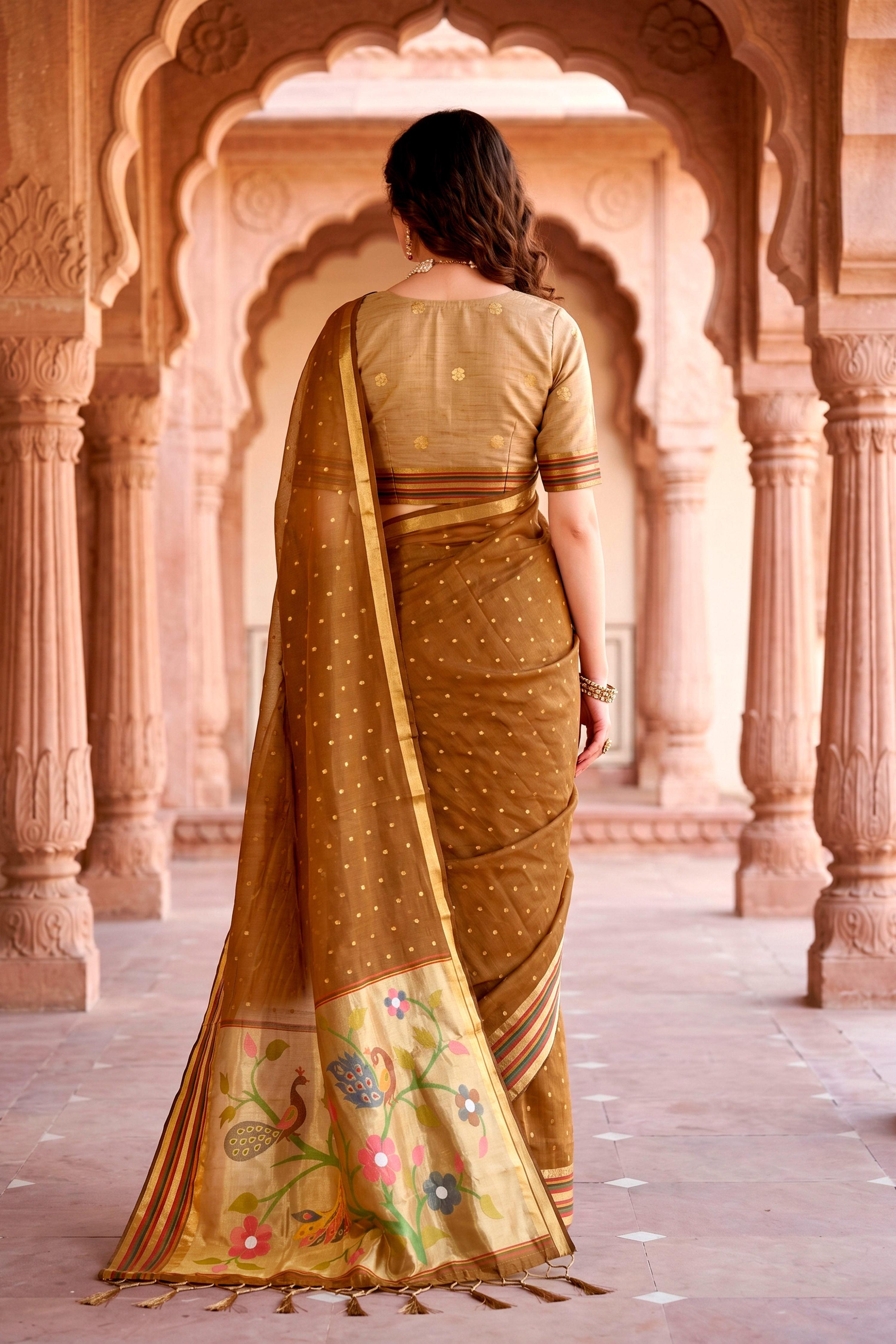Sangam Prints Mustard Brown Cotton Blend Woven Work Traditional Saree | Grocsy
