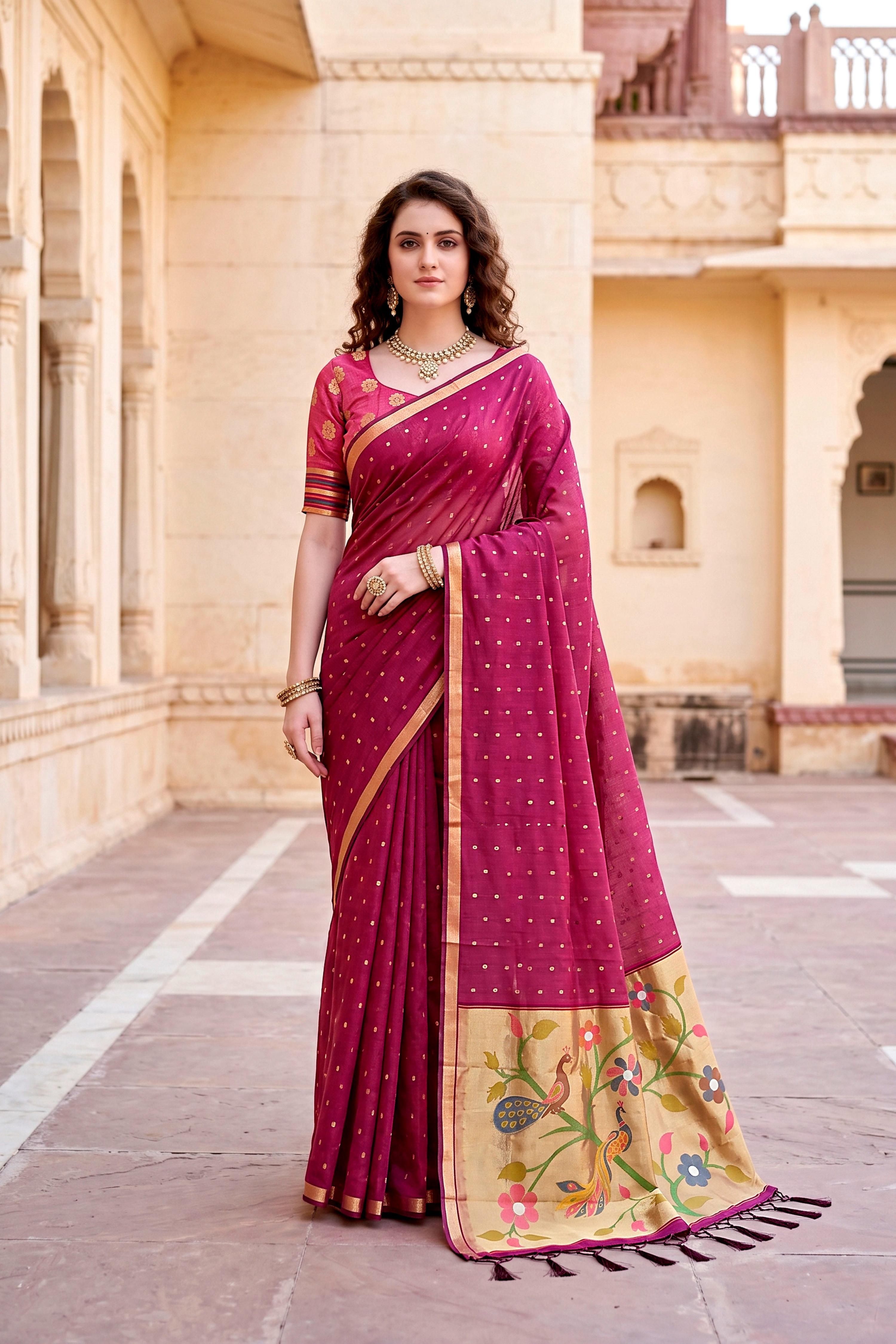 Sangam Prints Pink Cotton Blend Woven Work Traditional Saree | Grocsy