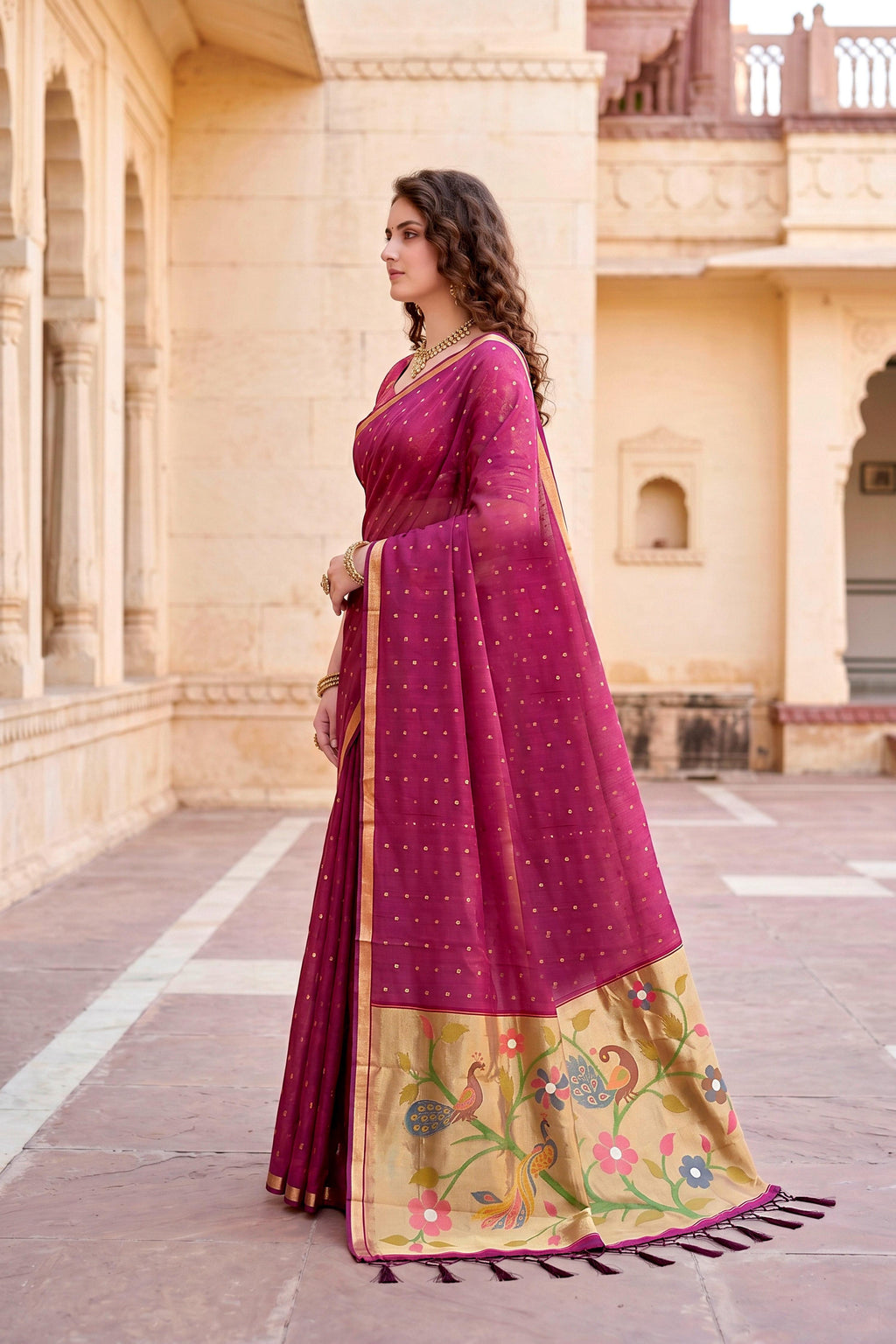 Sangam Prints Pink Cotton Blend Woven Work Traditional Saree | Grocsy