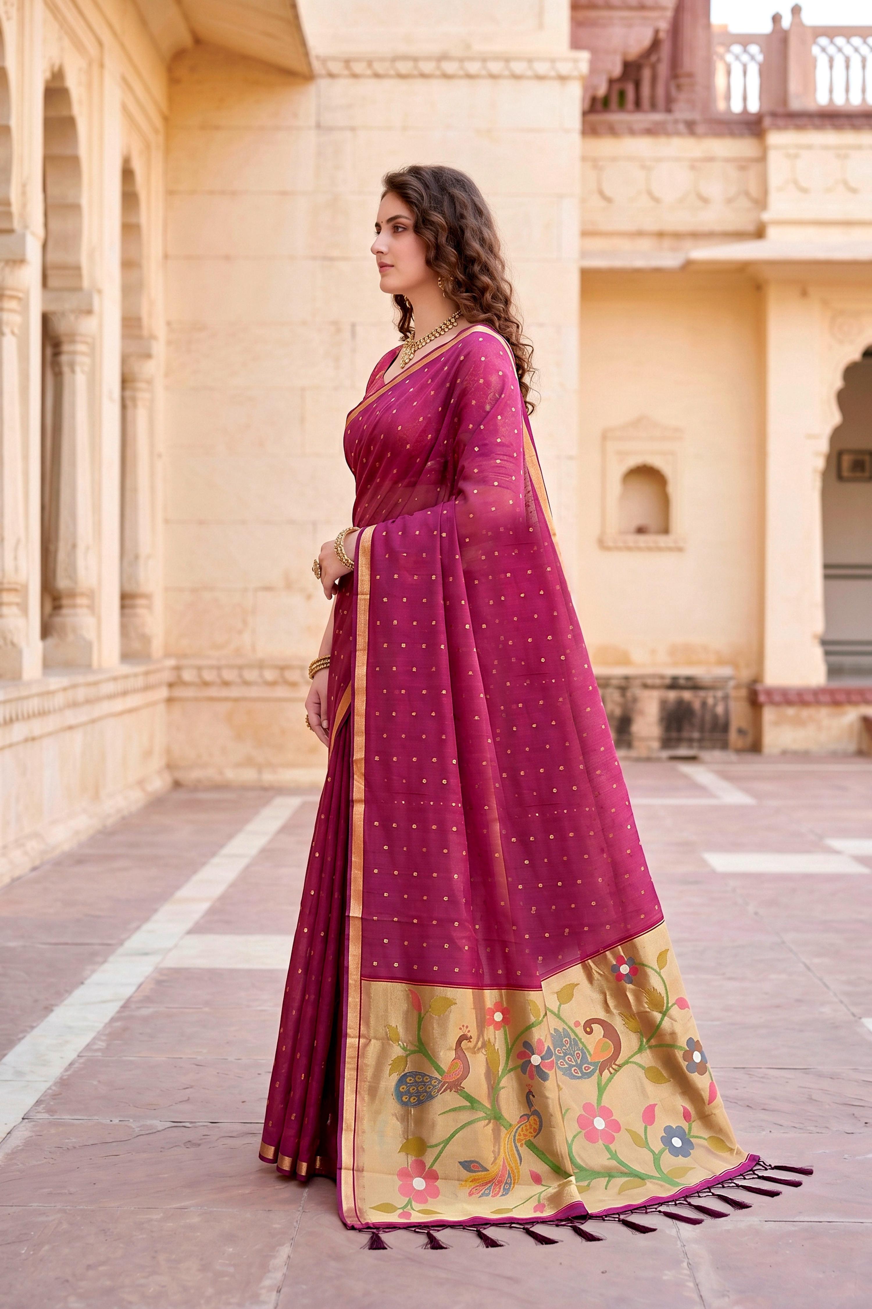 Sangam Prints Pink Cotton Blend Woven Work Traditional Saree | Grocsy