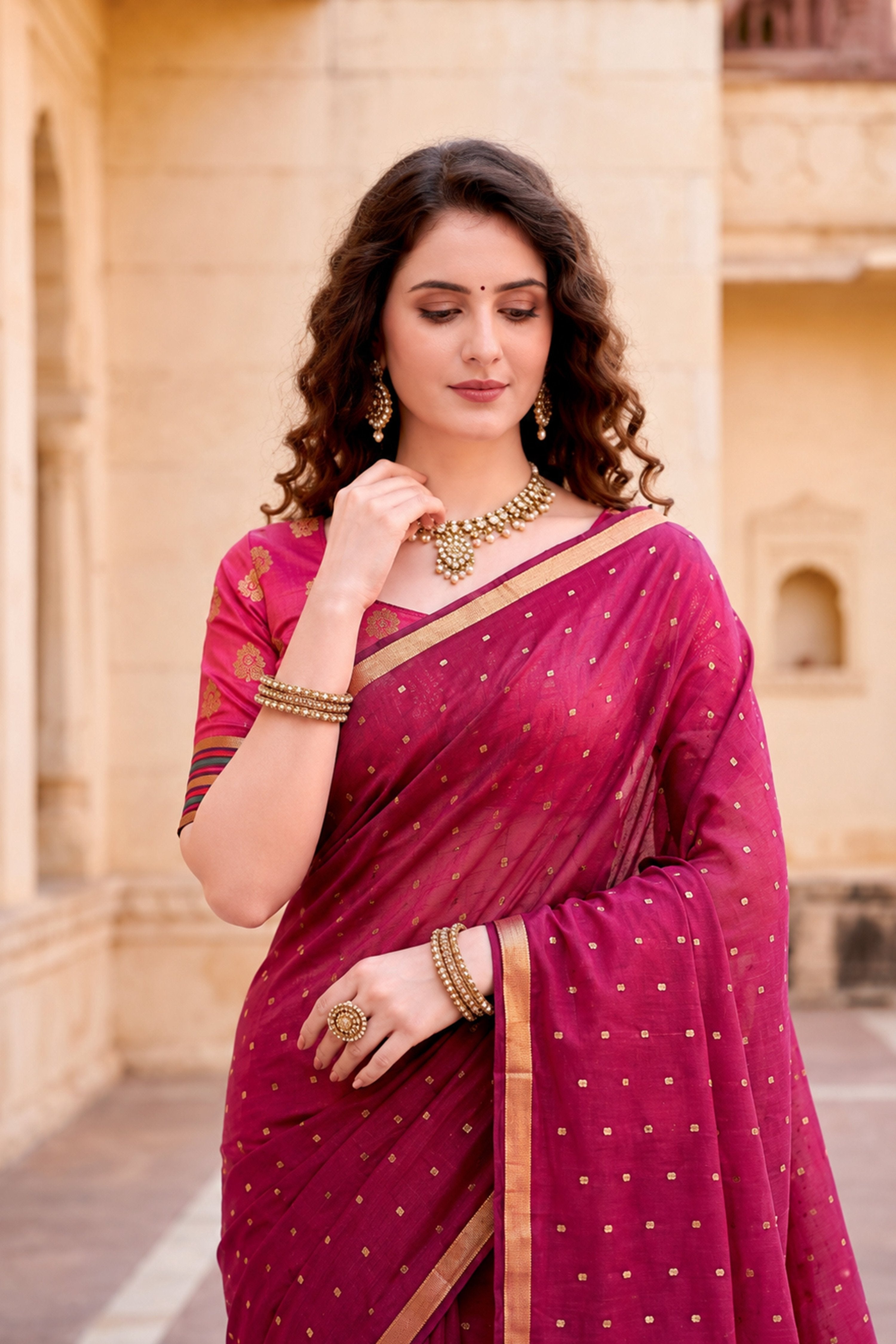 Sangam Prints Pink Cotton Blend Woven Work Traditional Saree | Grocsy